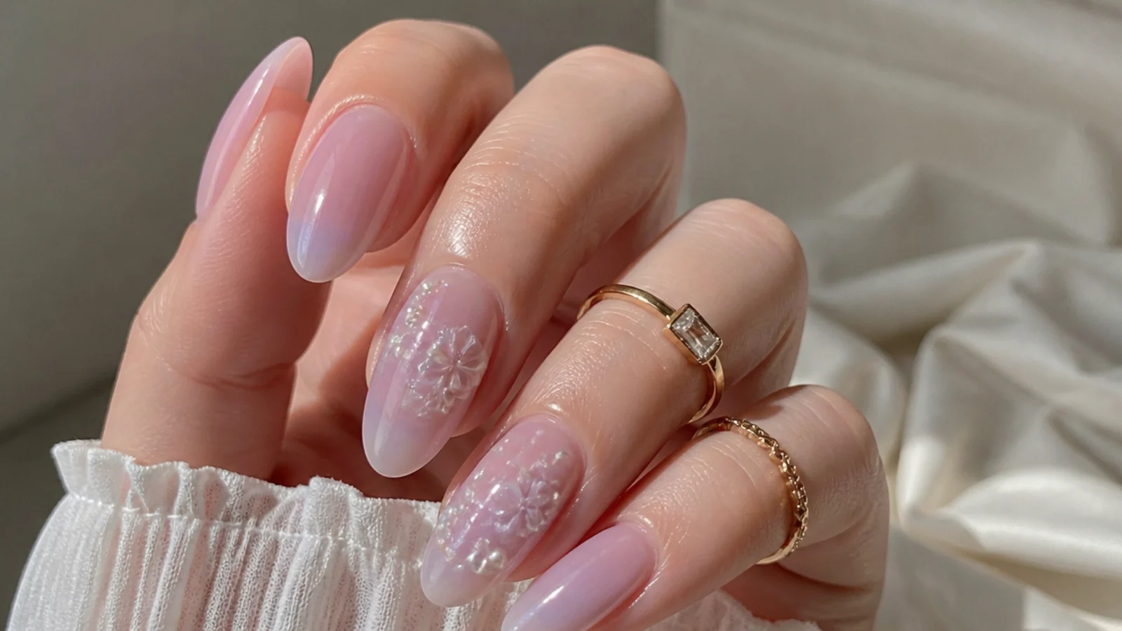 A milky lavender gel built in sheer coats over a nude base