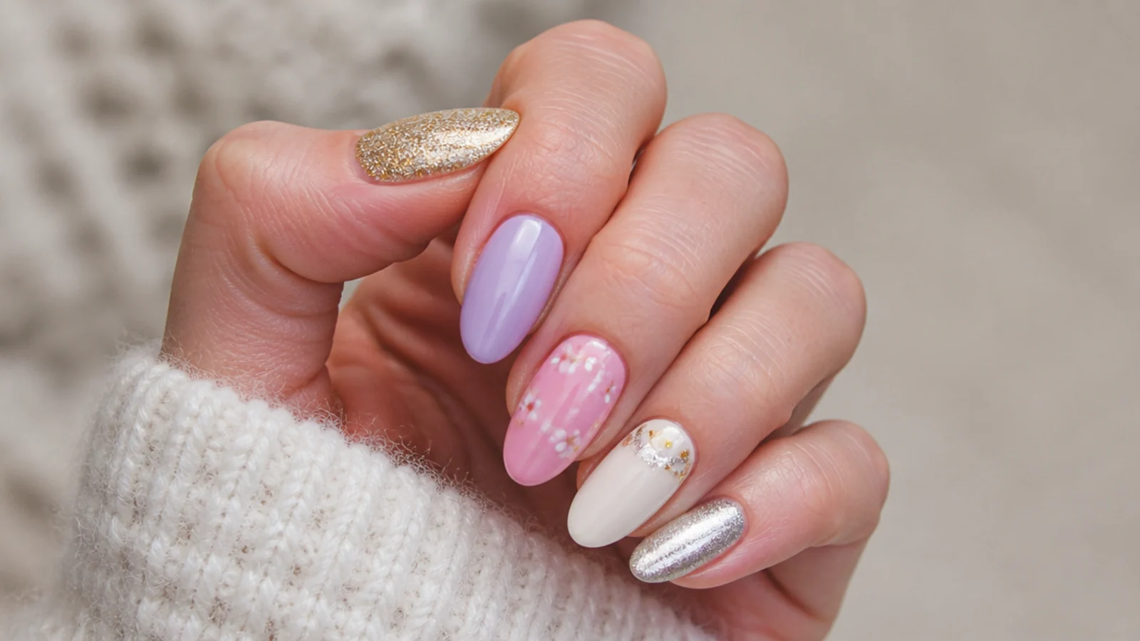 Lavender nails shown beside soft pink, white, silver and gold accents