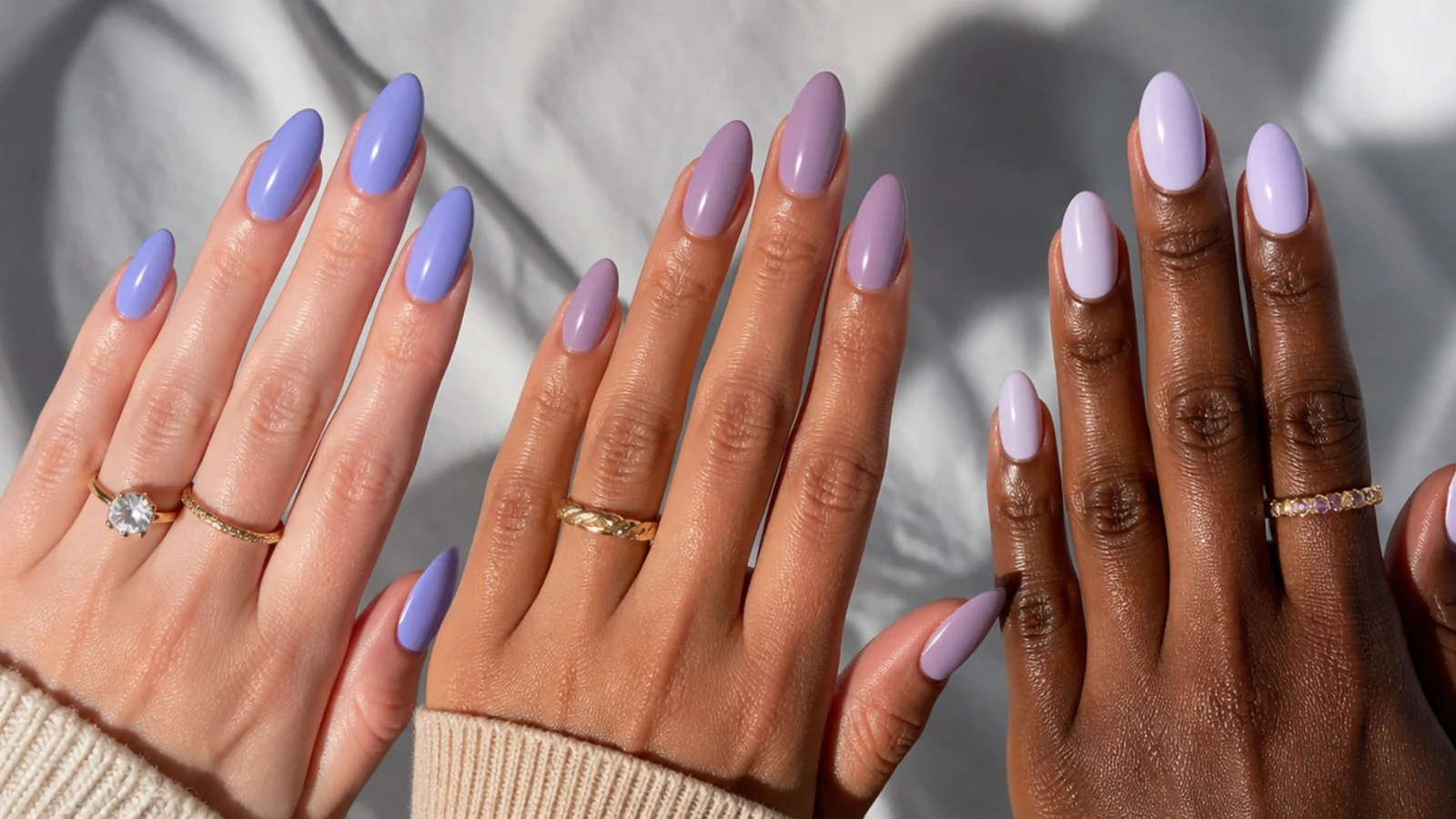 Three lavender swatches from cool to warm to milky on different skin tones