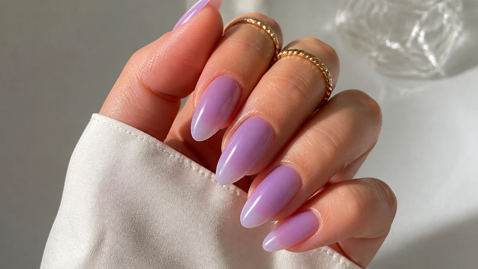 Translucent jelly lavender nails with high-gloss glazed finish