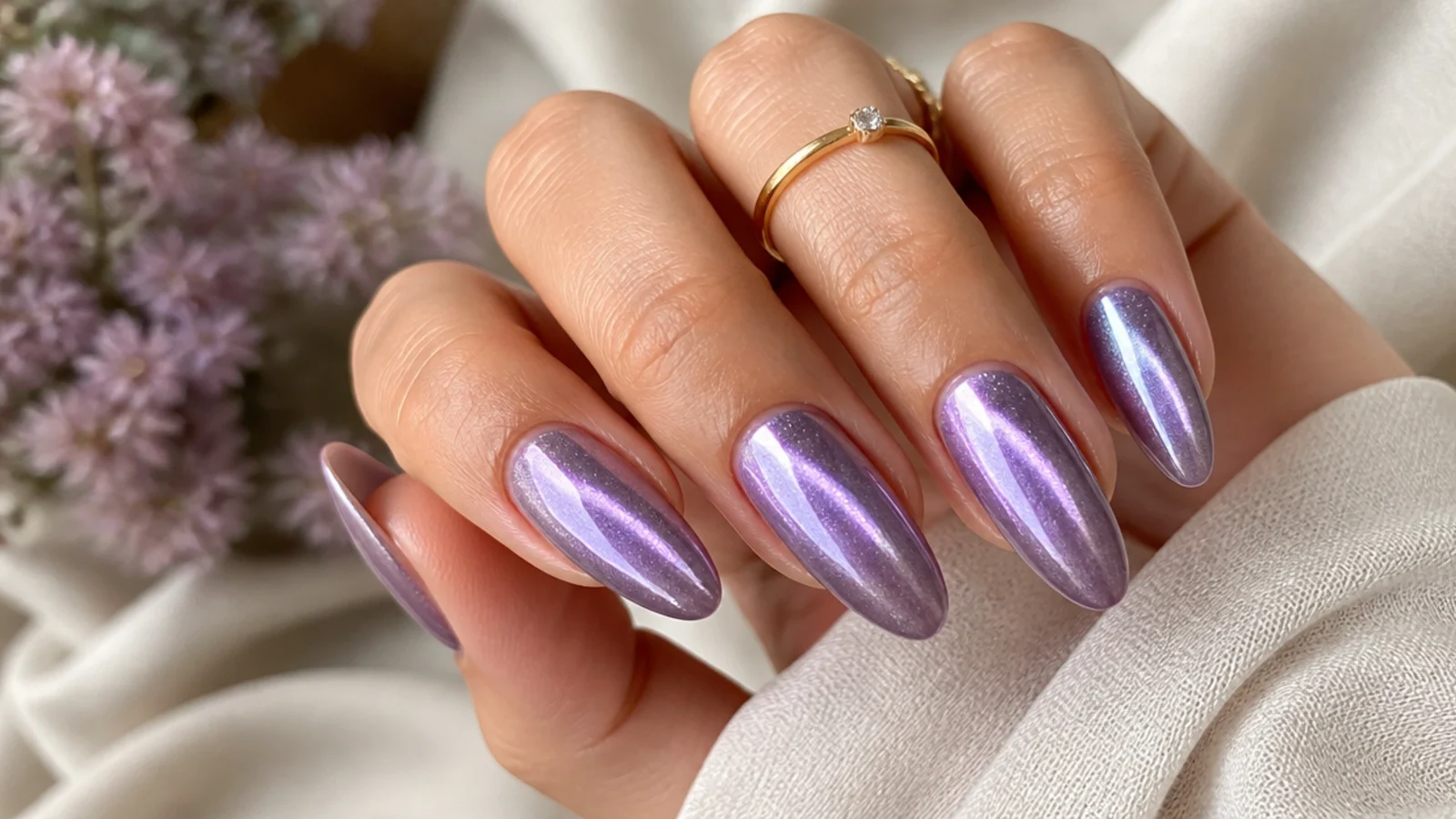 Velvety lavender cat-eye nails with a bright magnetic light strip