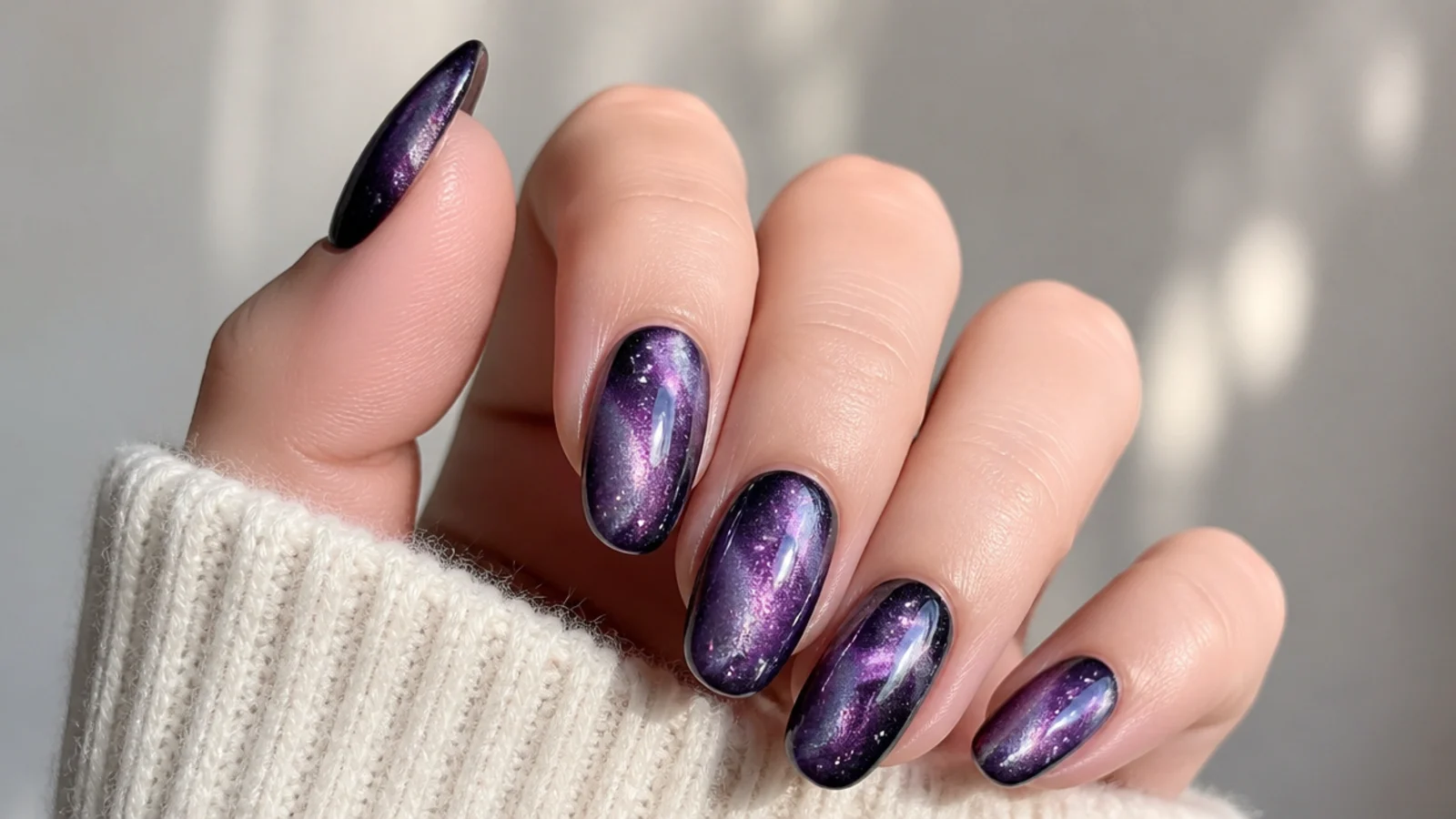 Deep lavender to purple cat-eye nails with a swirling galaxy light