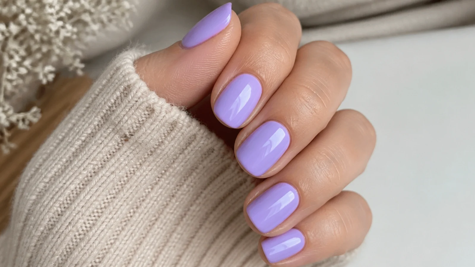 Short squoval nails in solid soft lavender with a glossy finish