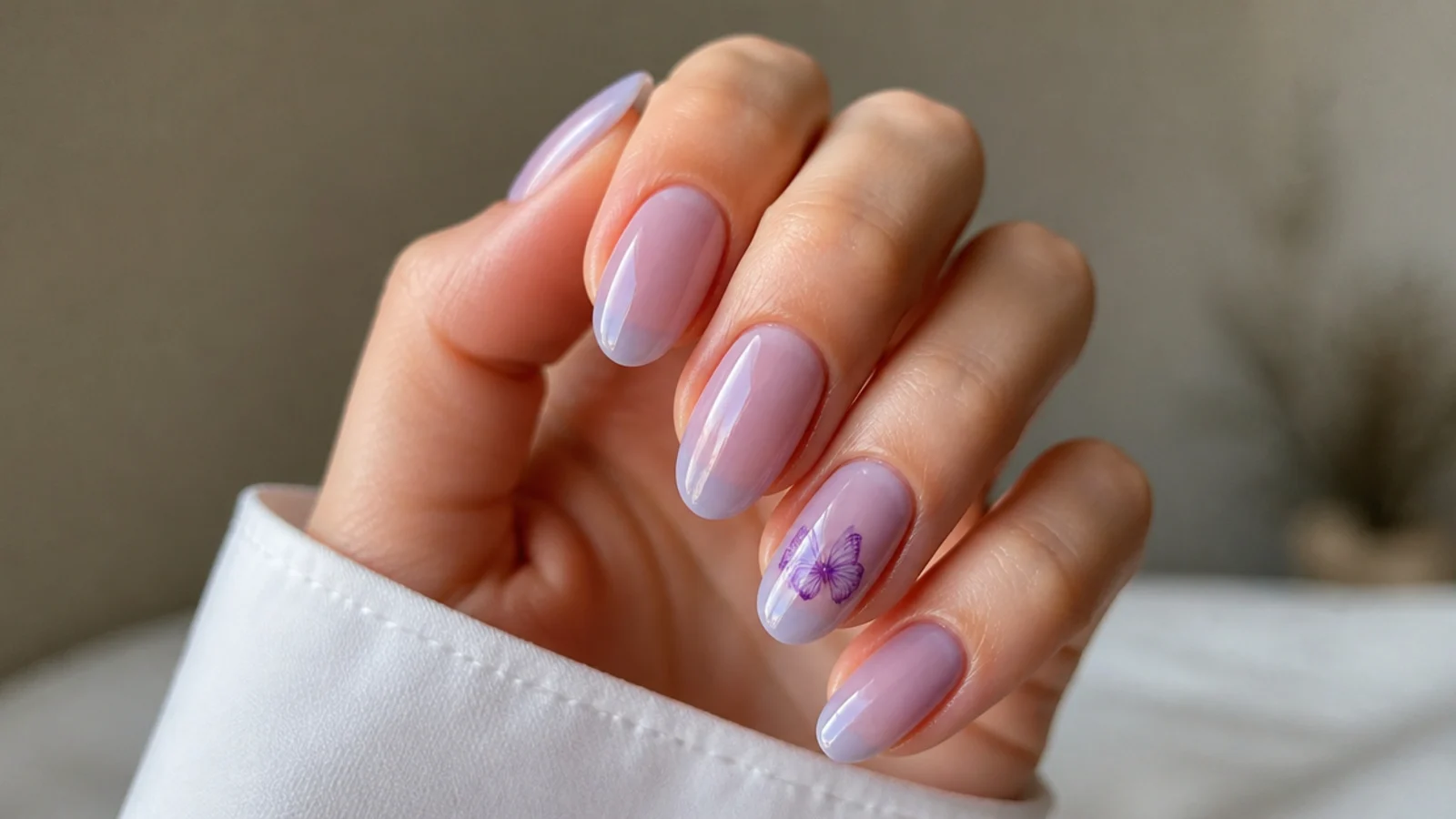 Sheer lavender nails with a small purple butterfly on one accent nail