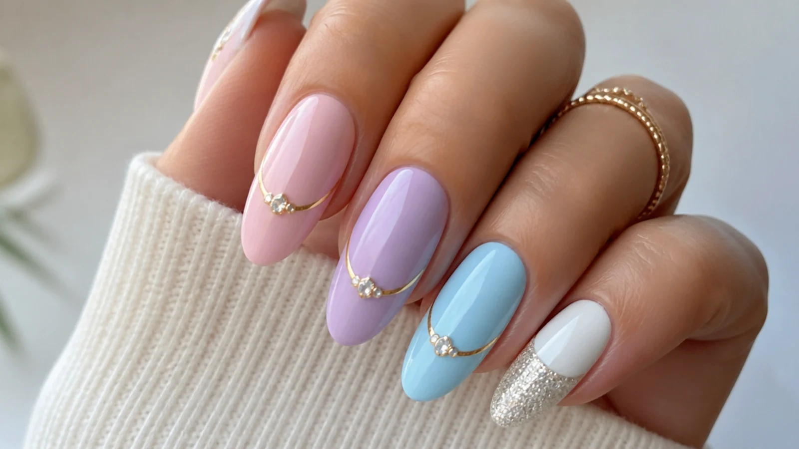 Lavender nails shown beside soft pink, baby blue, white, silver and gold accents