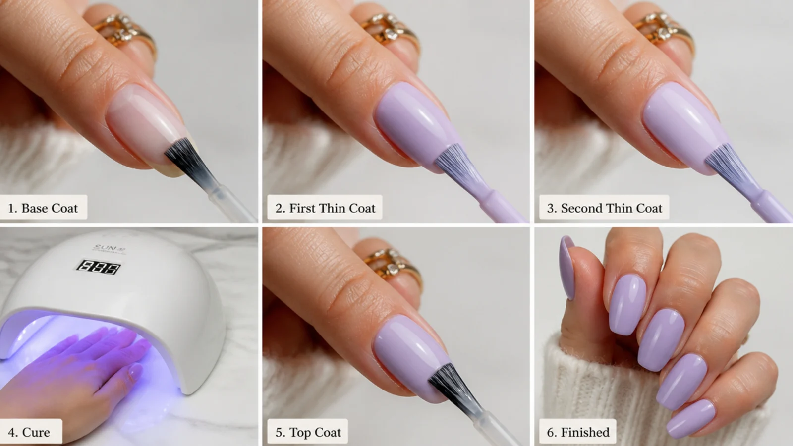 Building a milky lavender in thin gel coats with a lamp and top coat