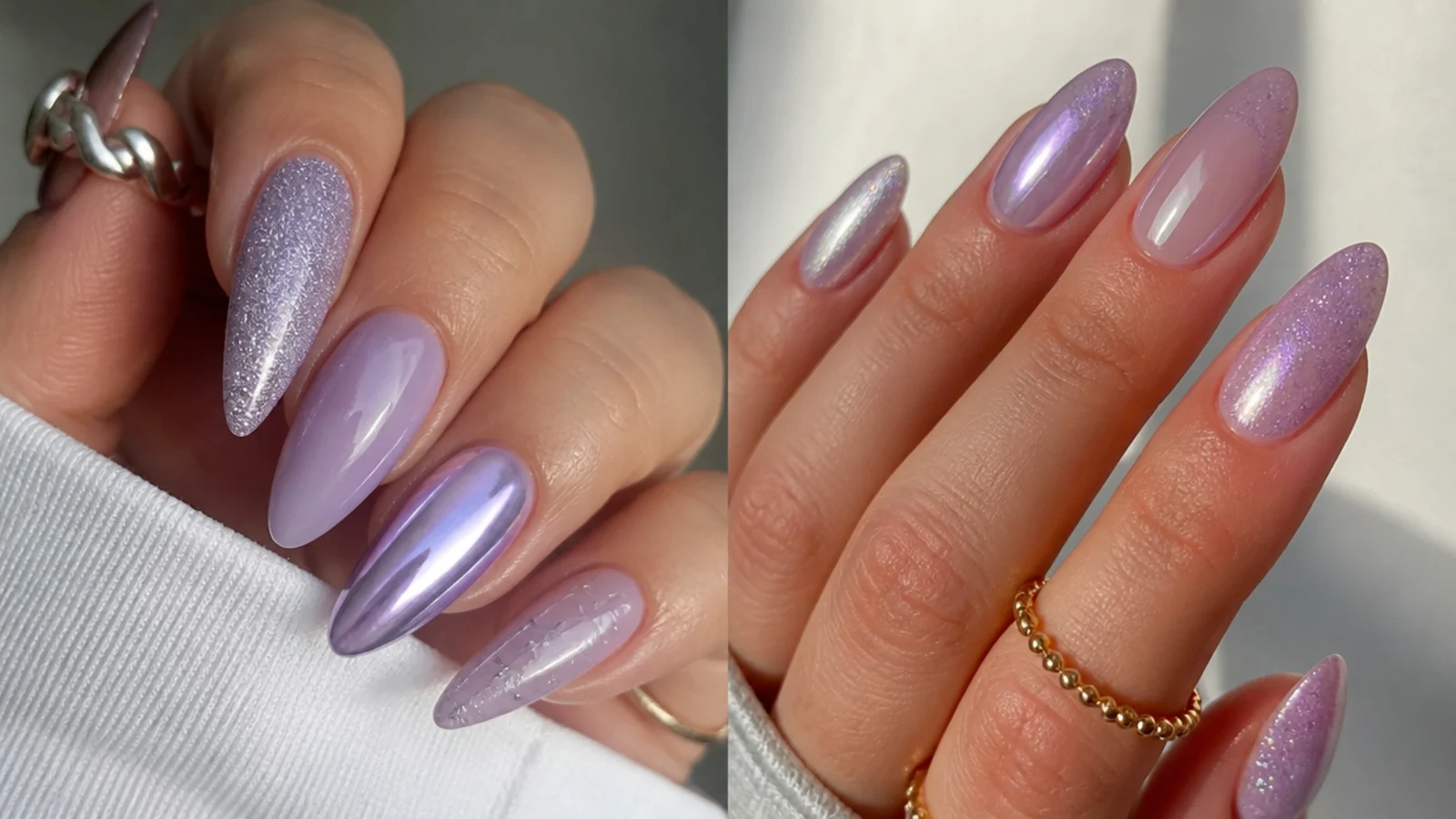 Lavender nails in milky, chrome, cat-eye, ombre and glitter finishes across shapes