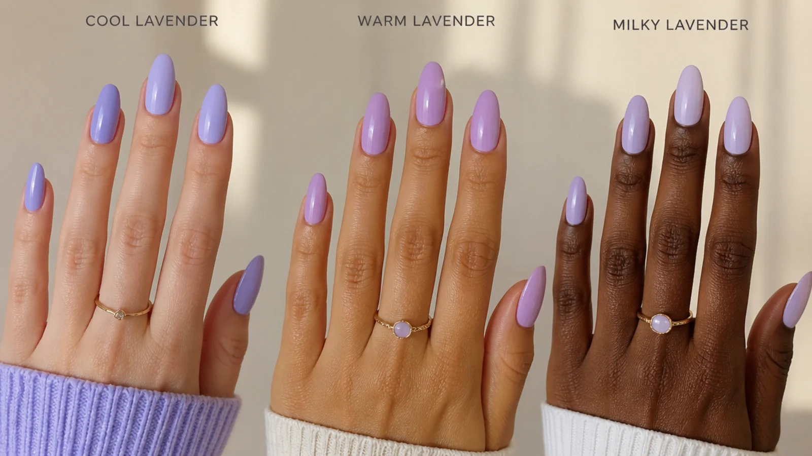 Cool, warm and milky lavender swatches compared across three skin tones