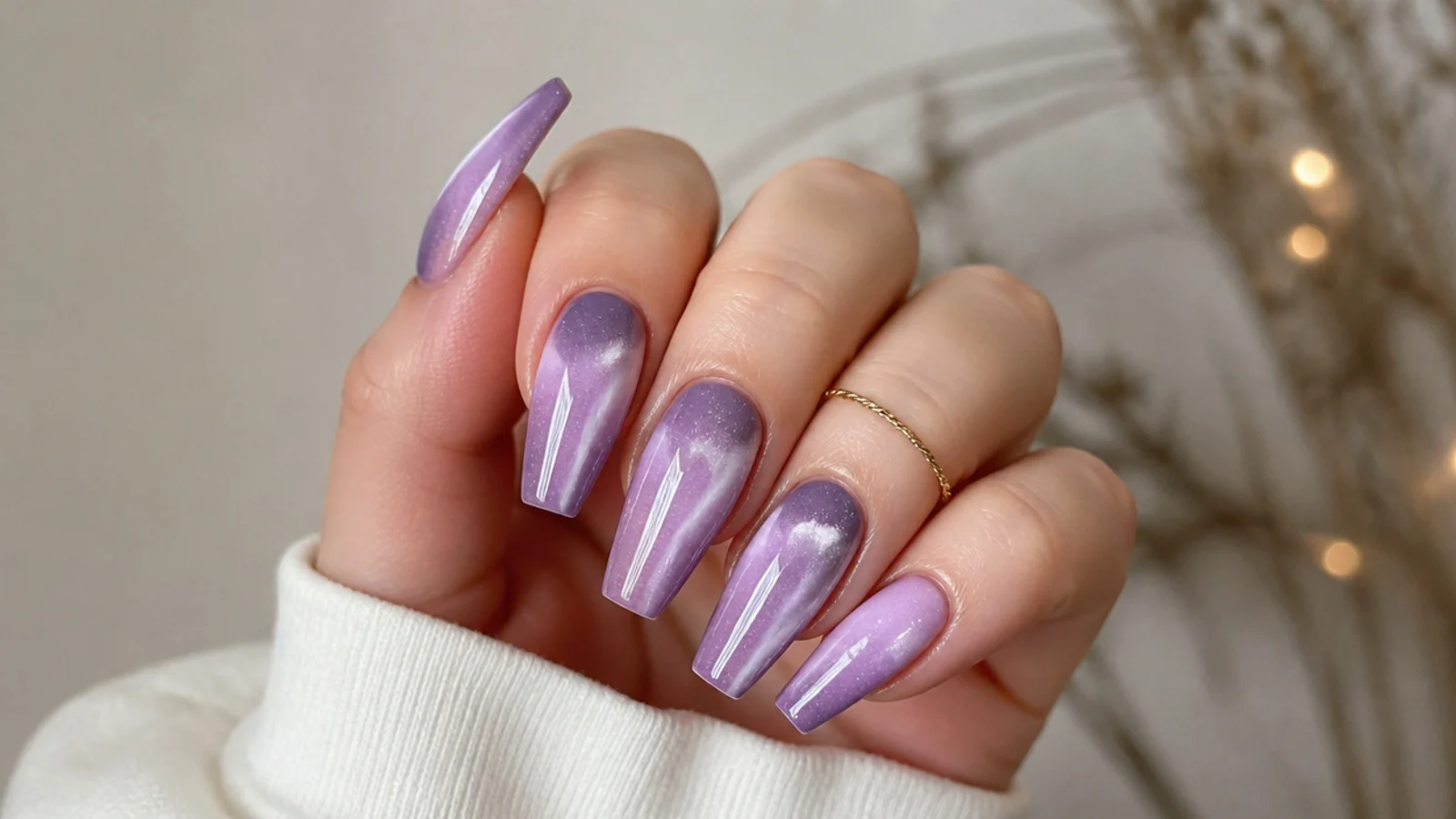 Magnetic cat-eye lavender ombre nails with a light streak on coffin tips