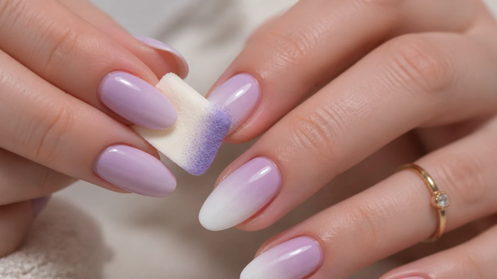 Sponge blending lavender and white gel into a smooth ombre on a nail