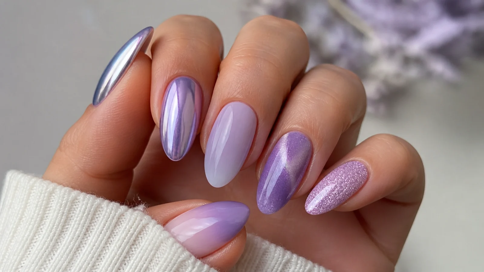 Lavender nails shown in chrome, milky, cat-eye, glitter and ombre finishes