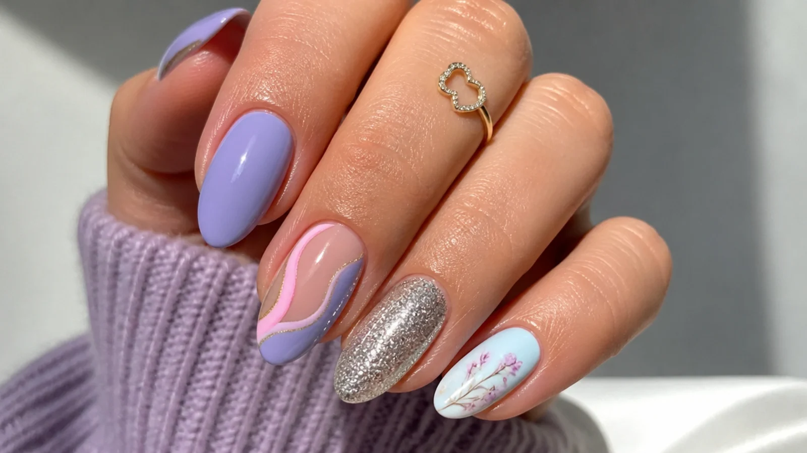 Lavender nail swatches paired with white, pink, silver, gold and baby blue