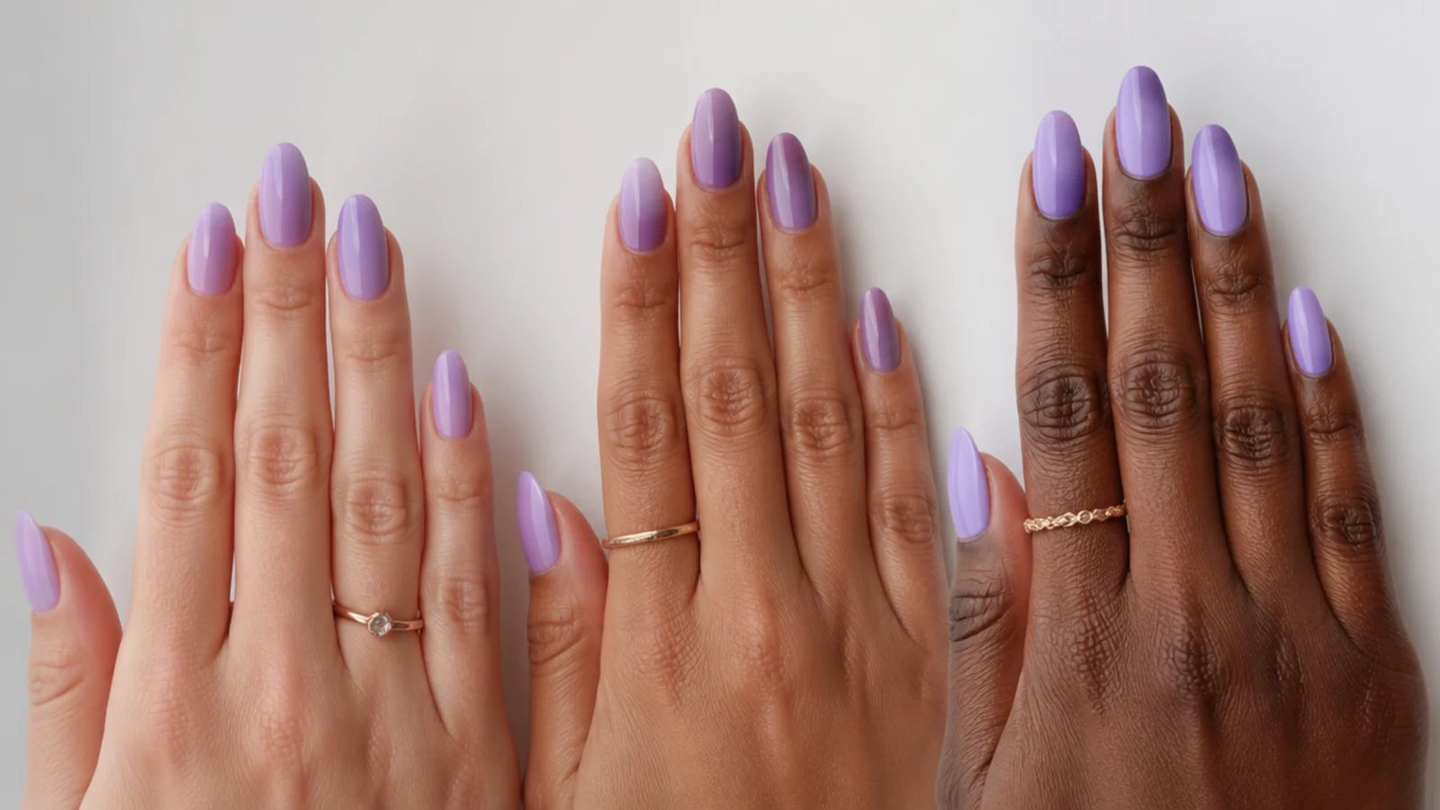 Three lavender ombre swatches from cool to warm against different skin tones