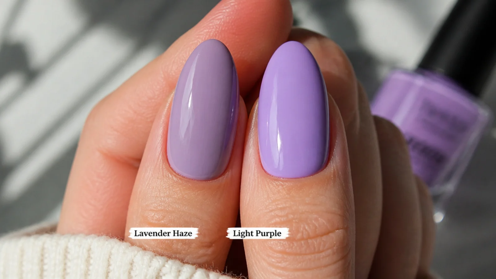 Lavender nail swatch beside a brighter light purple swatch for comparison