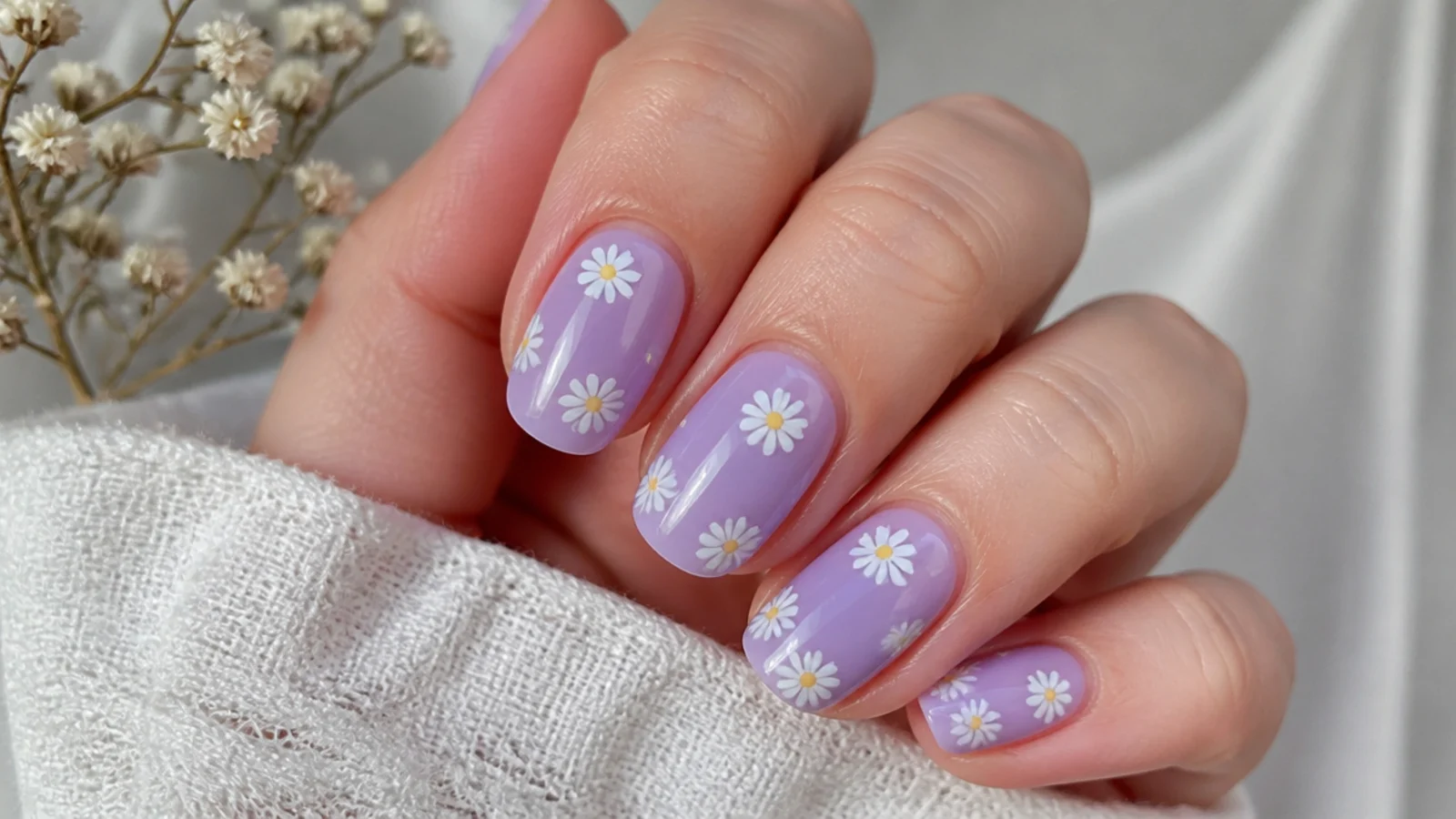 Milky lavender nails with tiny hand-painted white daisy flowers