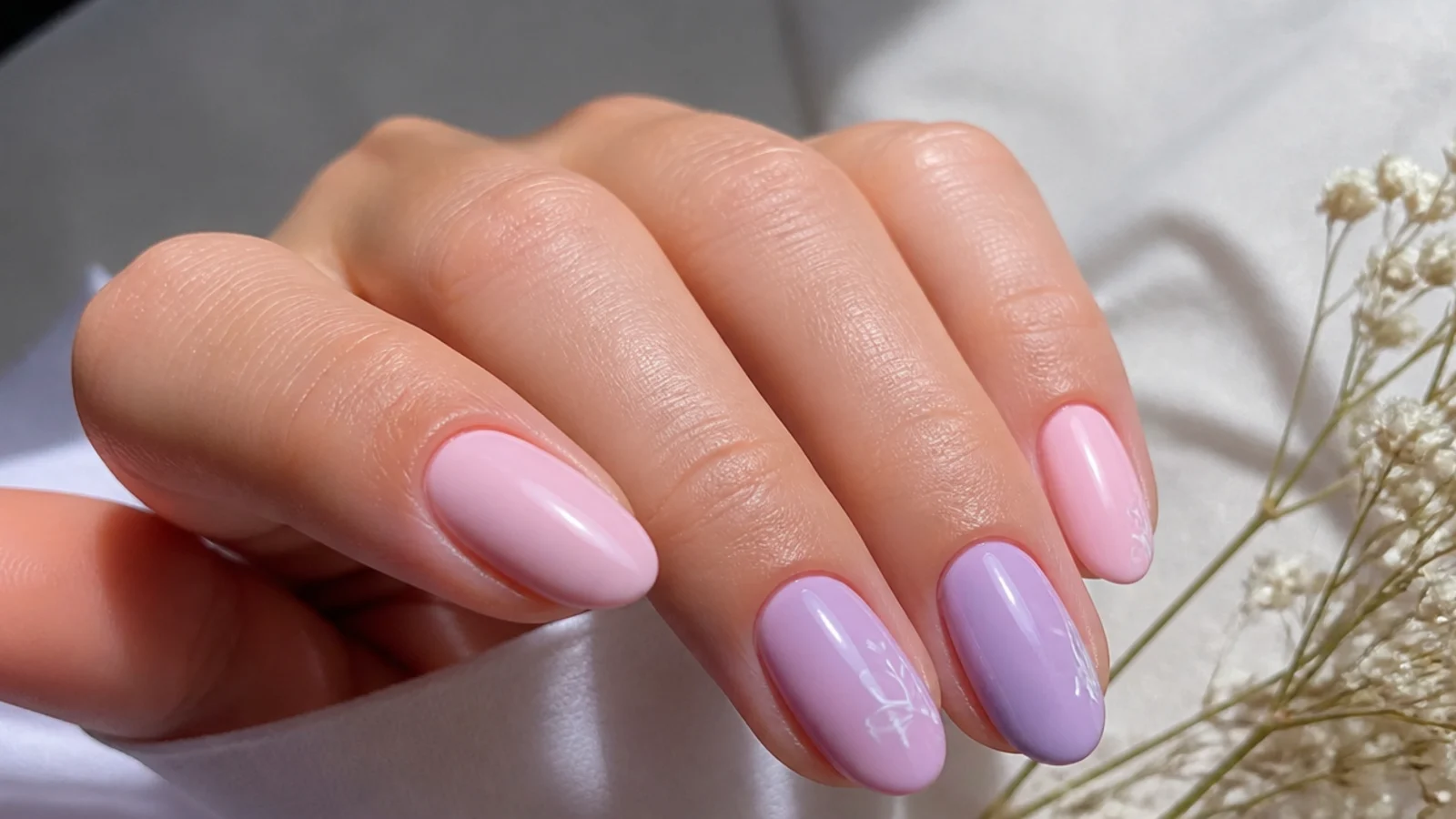 Alternating soft pink and lavender nails with a milky finish