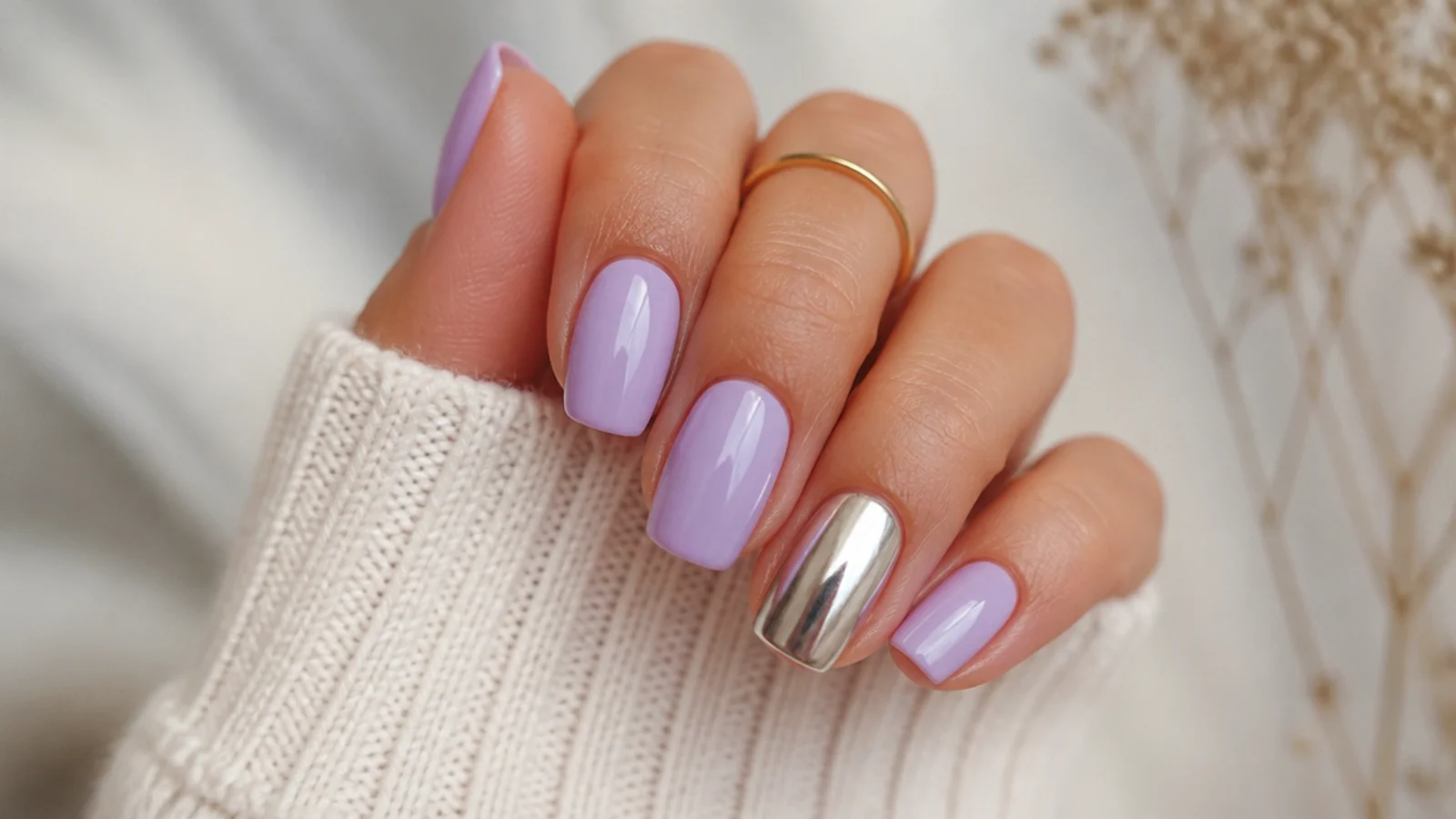Soft lavender nails with one silver chrome accent nail