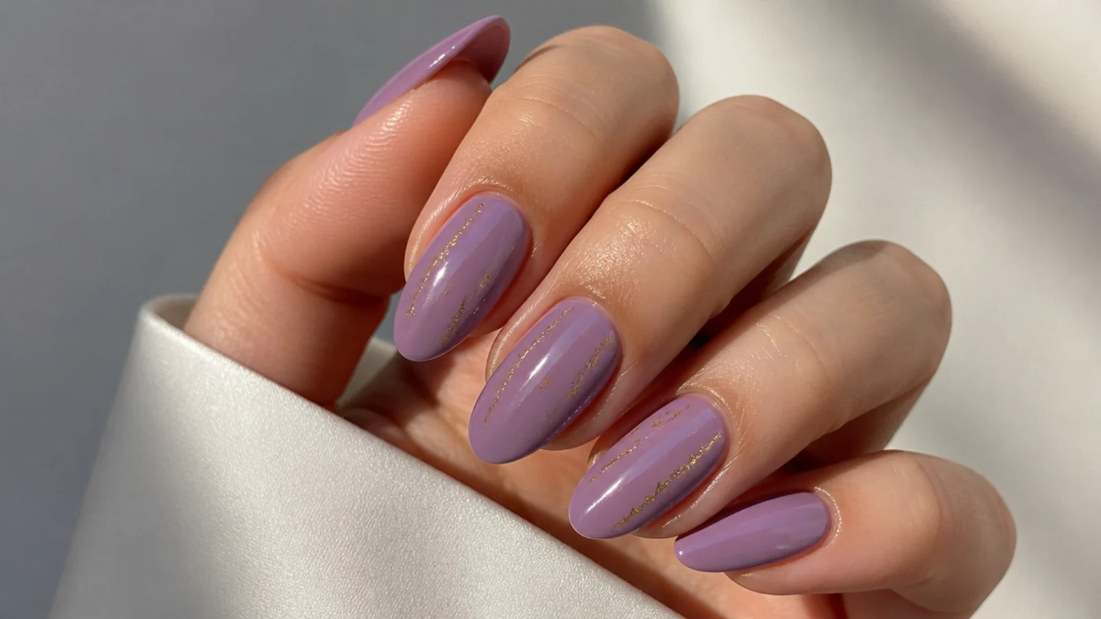 Warm lavender nails with thin gold foil accent lines