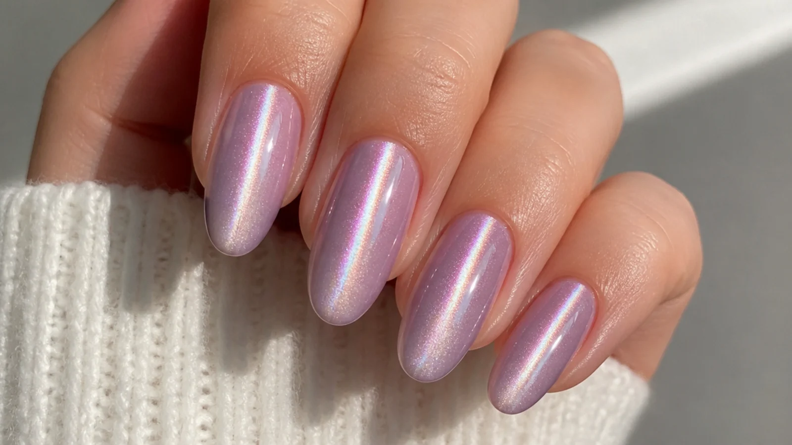 Soft lavender cat eye nails with a glowing vertical light streak