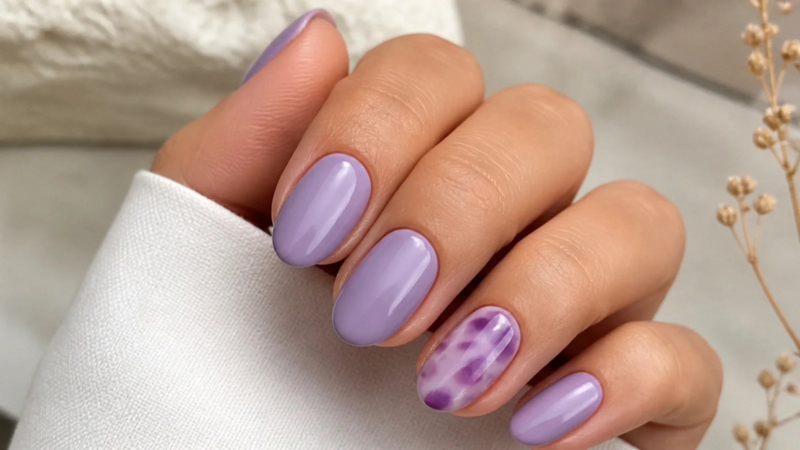 Soft lavender nails with a lilac tortoiseshell accent nail