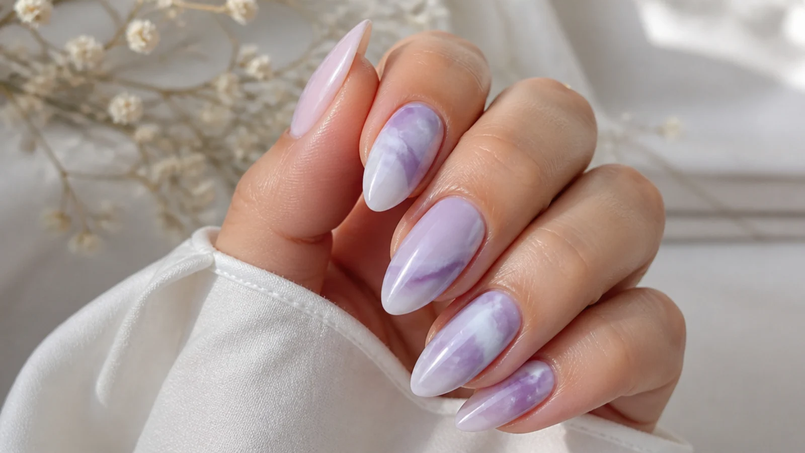 Milky lavender nails with soft white marble veining