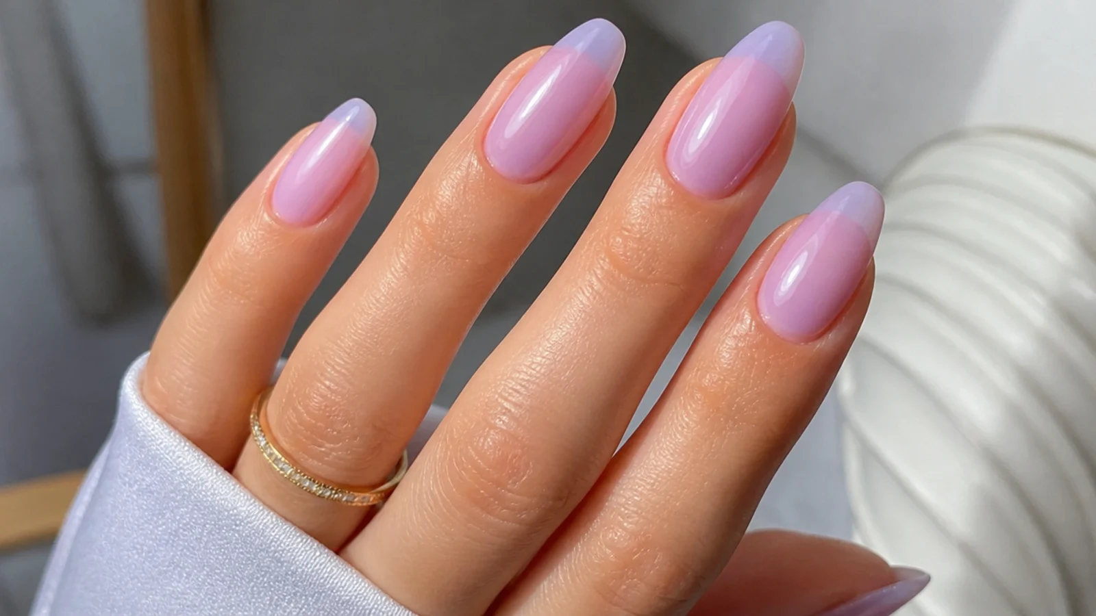 Sheer glossy lavender jelly nails with a translucent finish