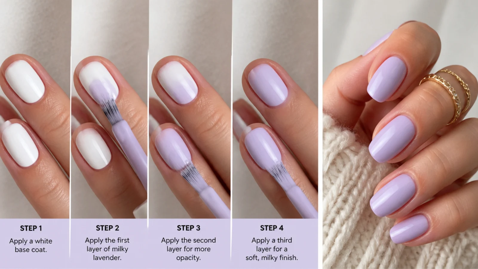 Building a milky lavender manicure over a white base coat step by step