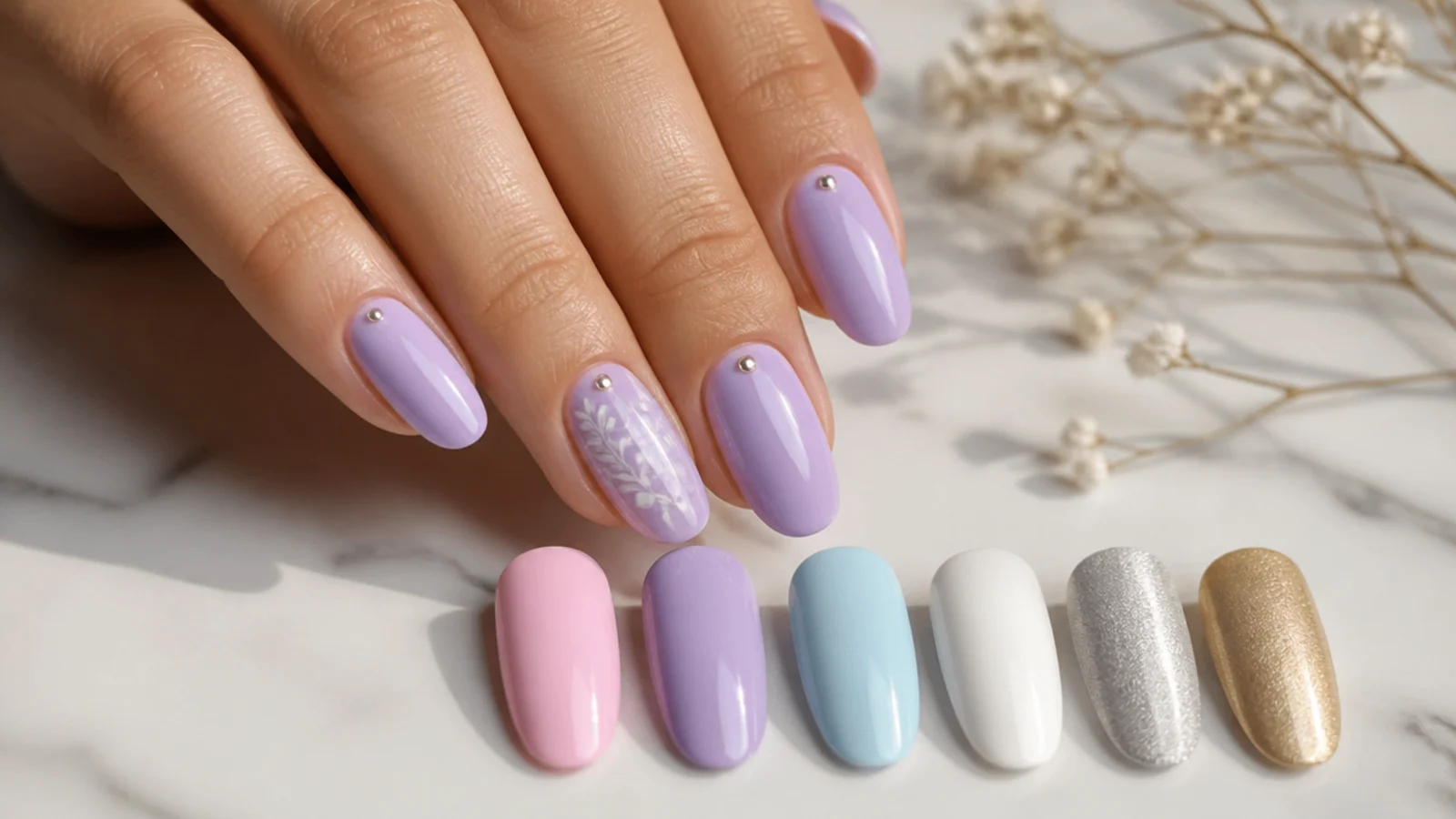 Lavender nails beside pink, baby blue, white, silver and gold swatches