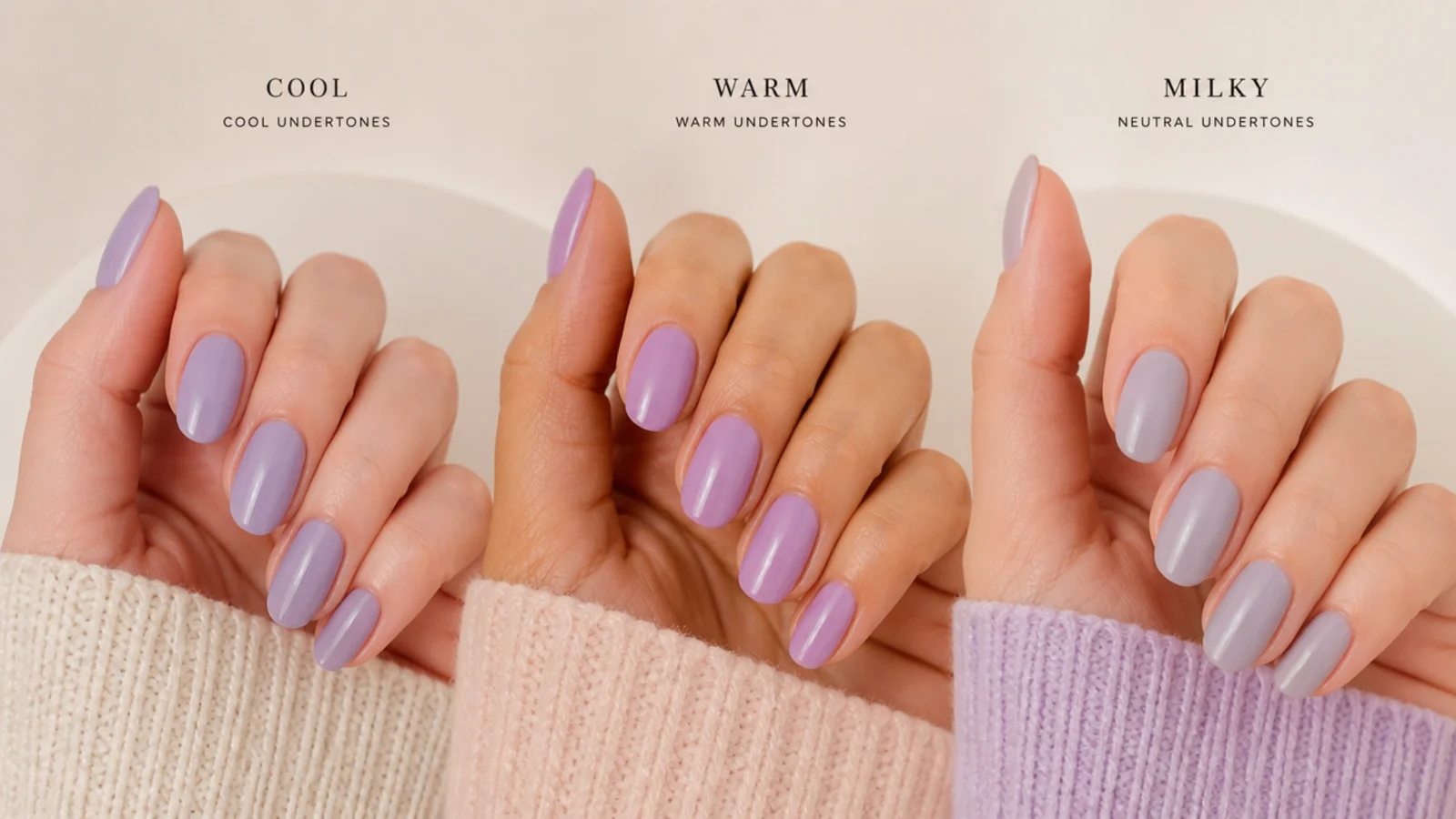 Three lavender swatches for cool, warm and milky skin-tone matching