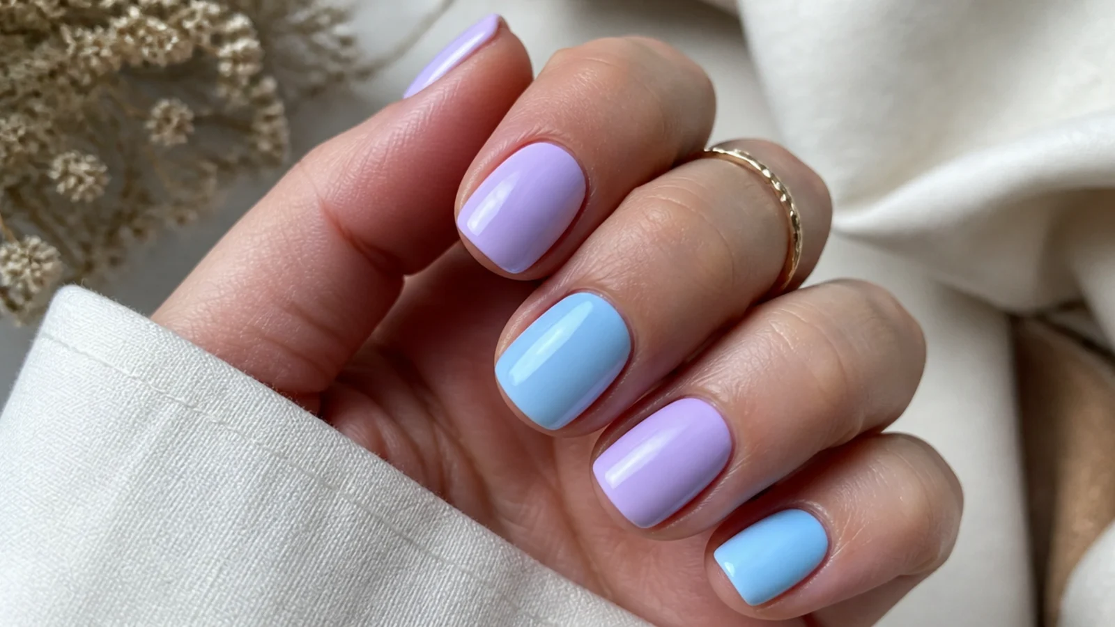 Alternating light lavender and baby blue pastel nails on short squoval nails
