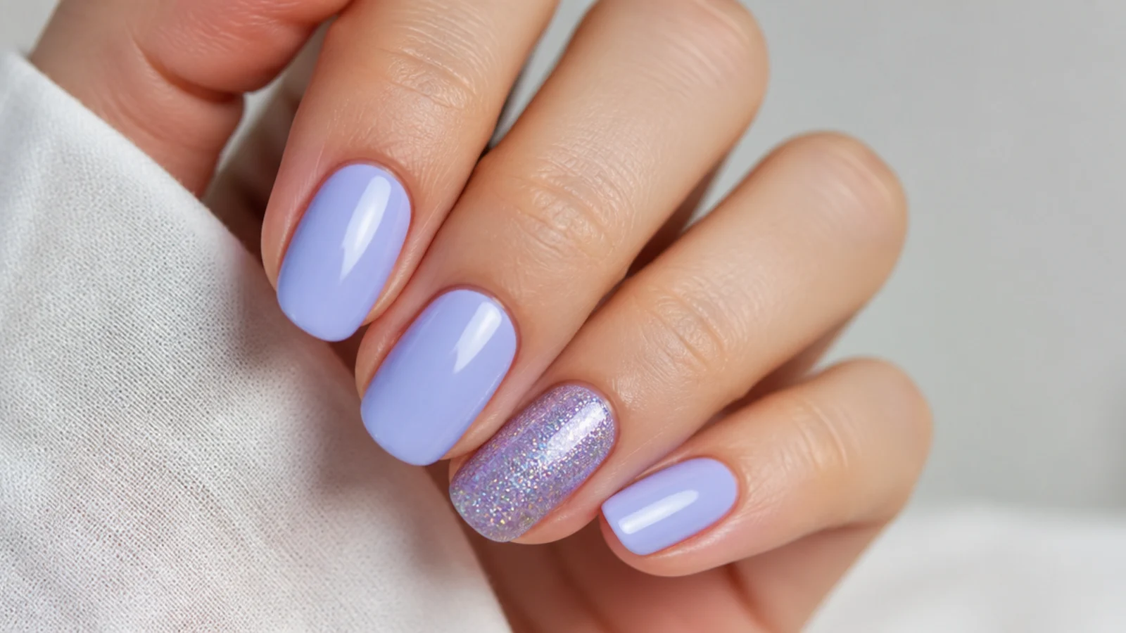 Light lavender nails with fine iridescent glitter on one accent nail