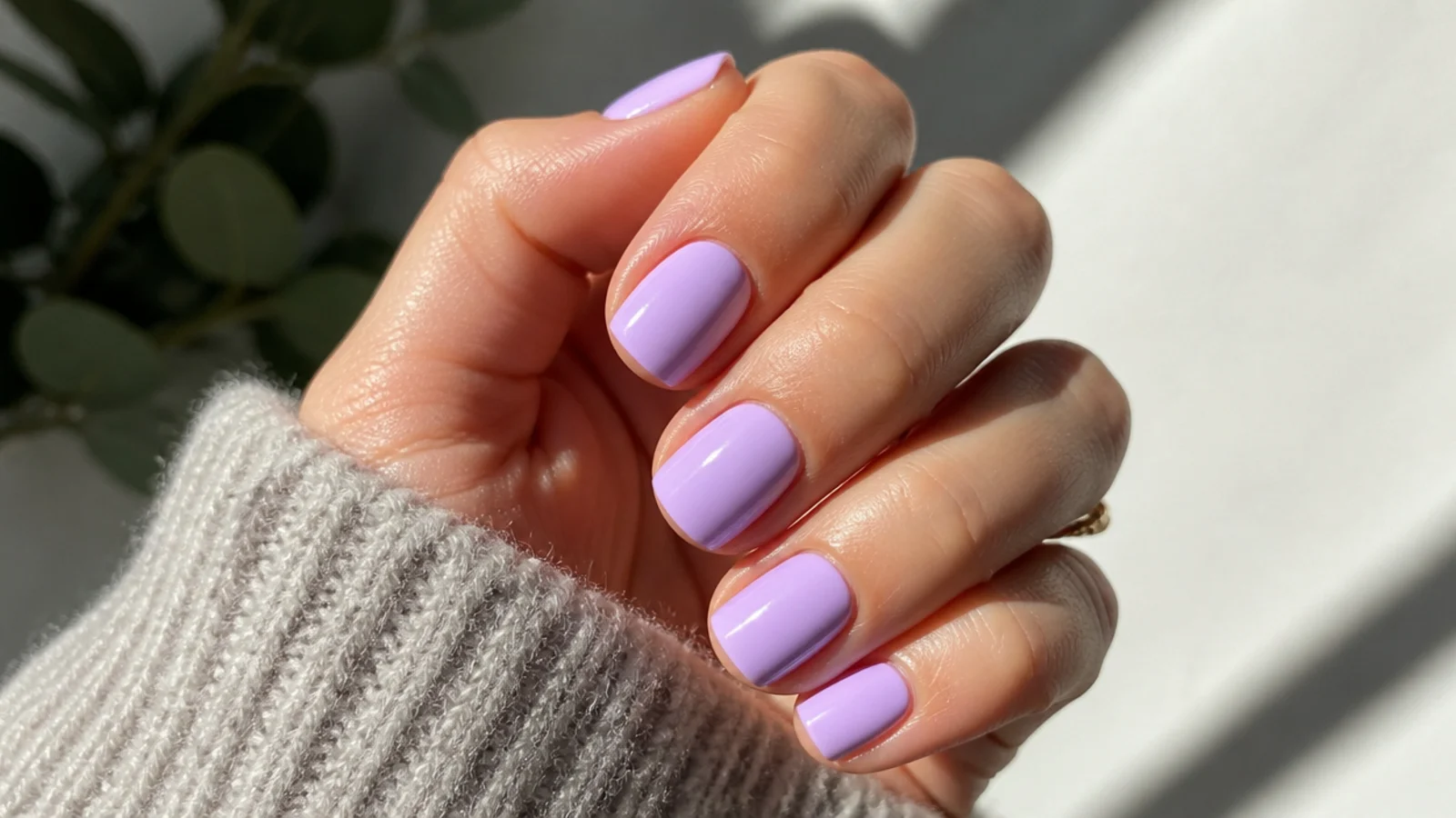 Short squoval nails in solid light lavender with a clean glossy finish