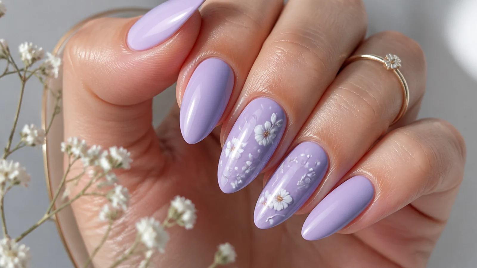 Light lavender nails with tiny white blossom accents on two almond nails