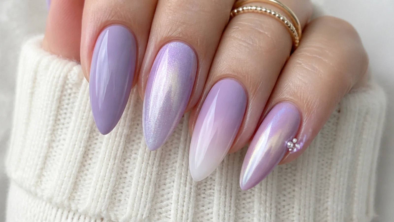 Light lavender nails shown in milky, chrome, cat-eye and ombre finishes