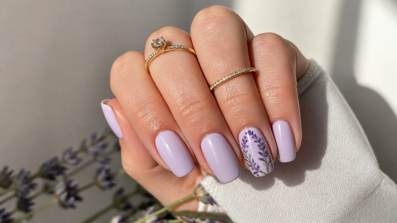 A well-sealed light lavender gel manicure with cuticle oil for longevity