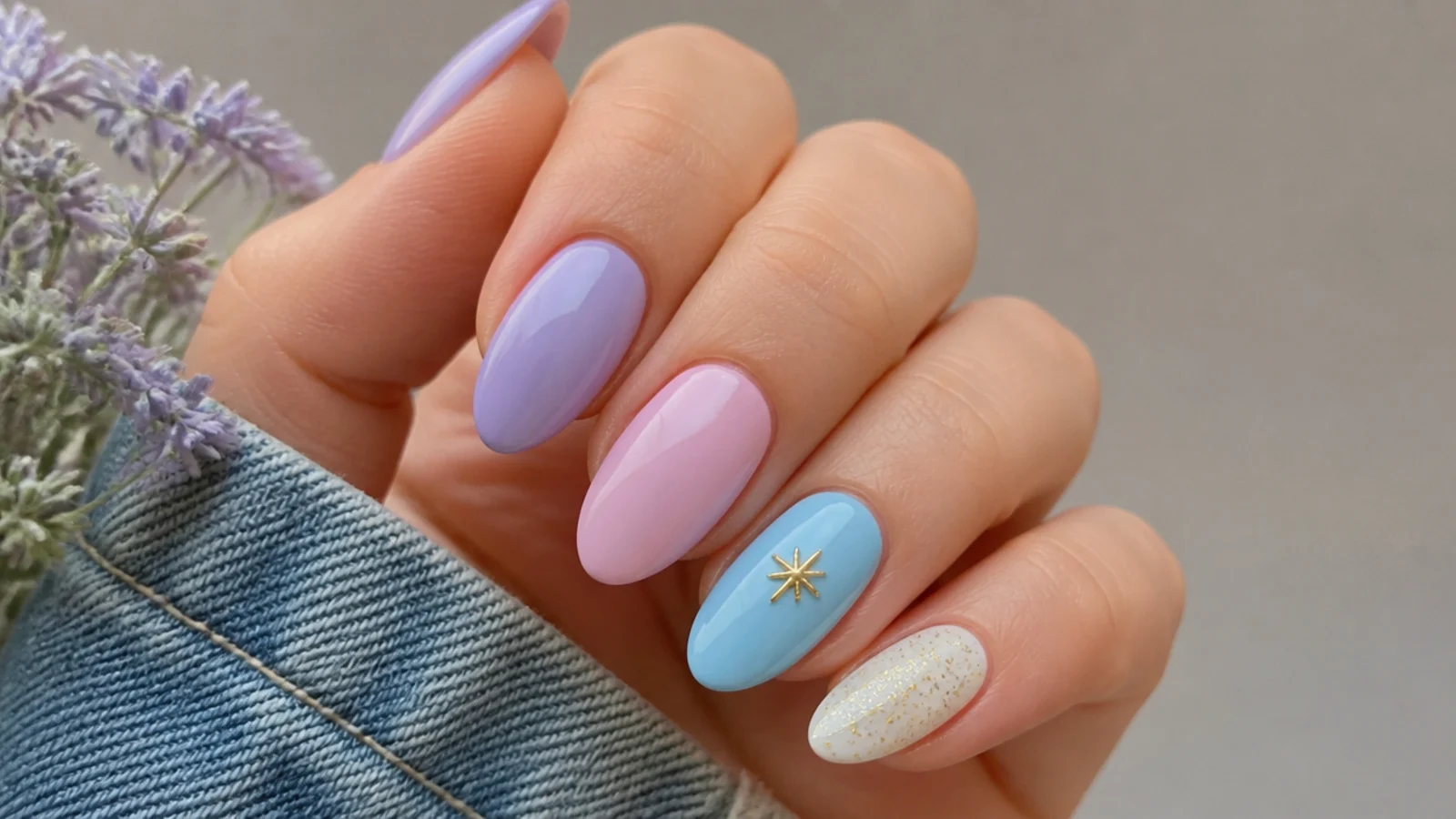 Light lavender nail swatch beside soft pink, baby blue, white, silver and gold accents