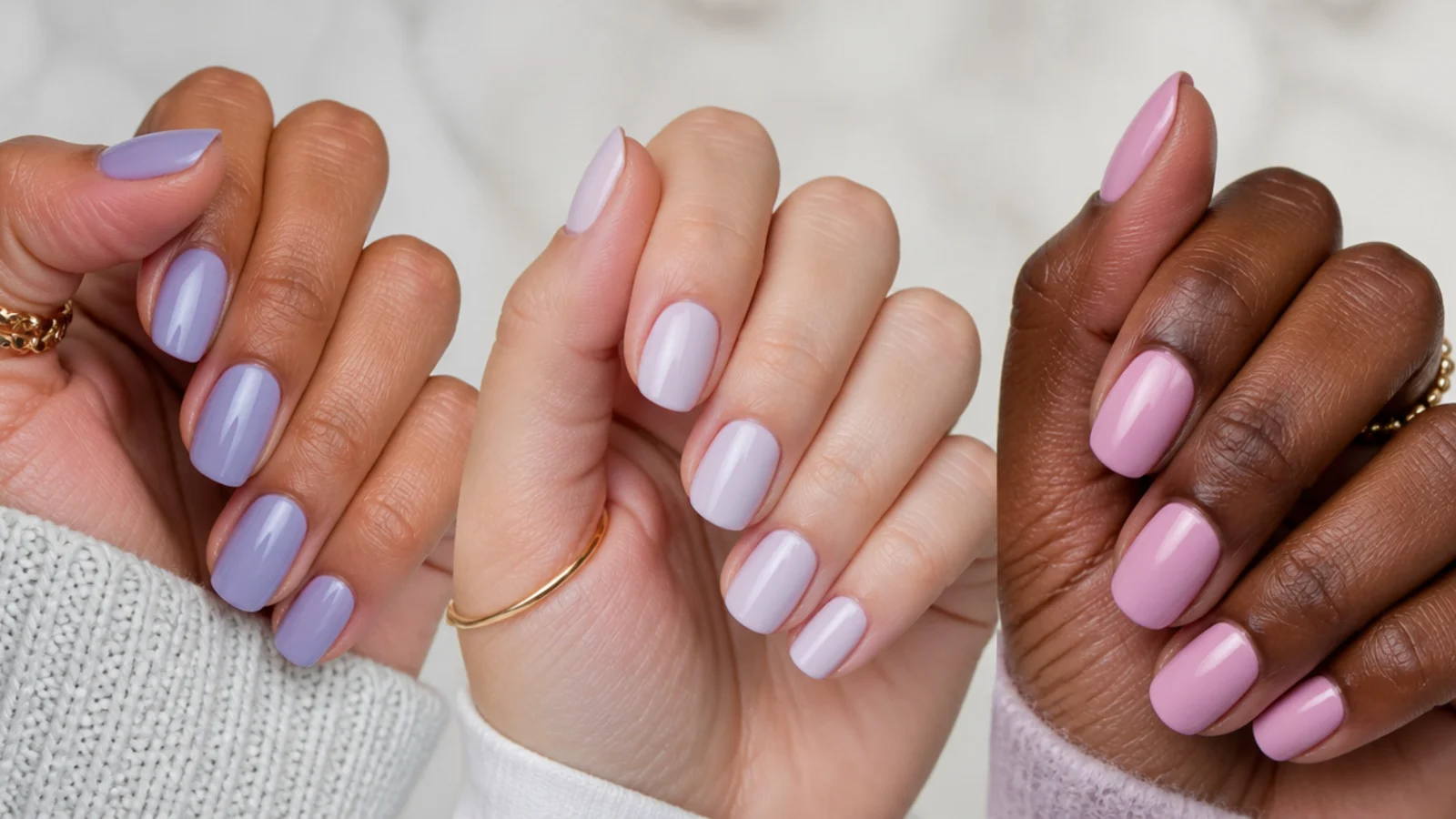Three lavender swatches from cool lilac to milky to pink-lavender against different skin tones