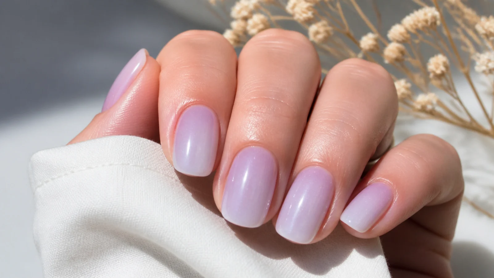 Sheer classic milky lavender nails with a soft frosted finish