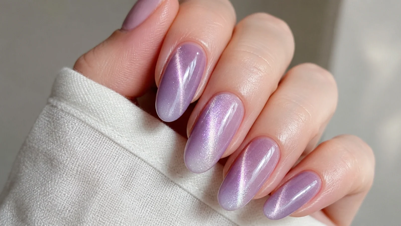 Milky lavender cat-eye nails with a shimmering magnetic light strip