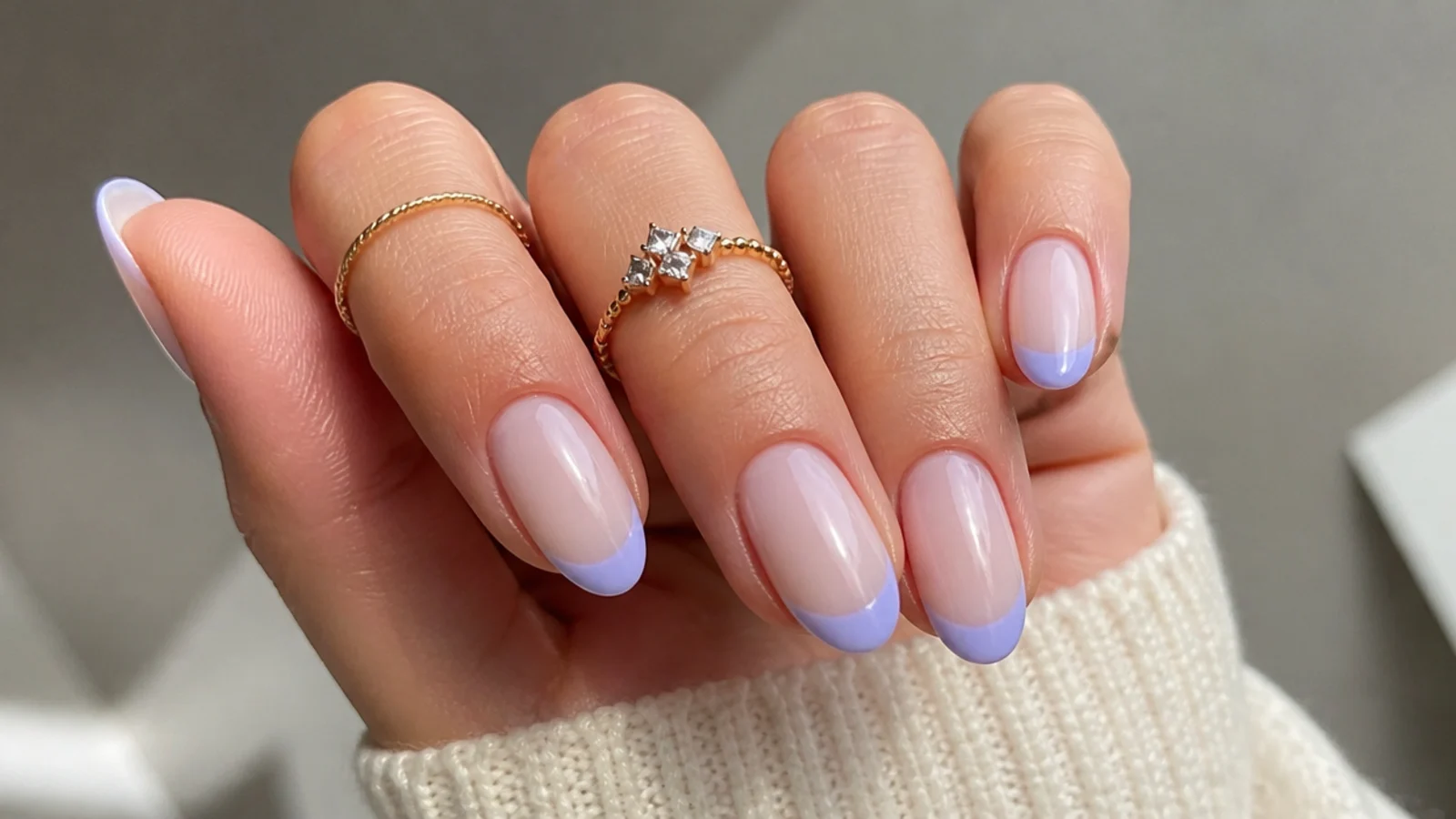 Sheer milky nude nails with soft milky lavender French tips