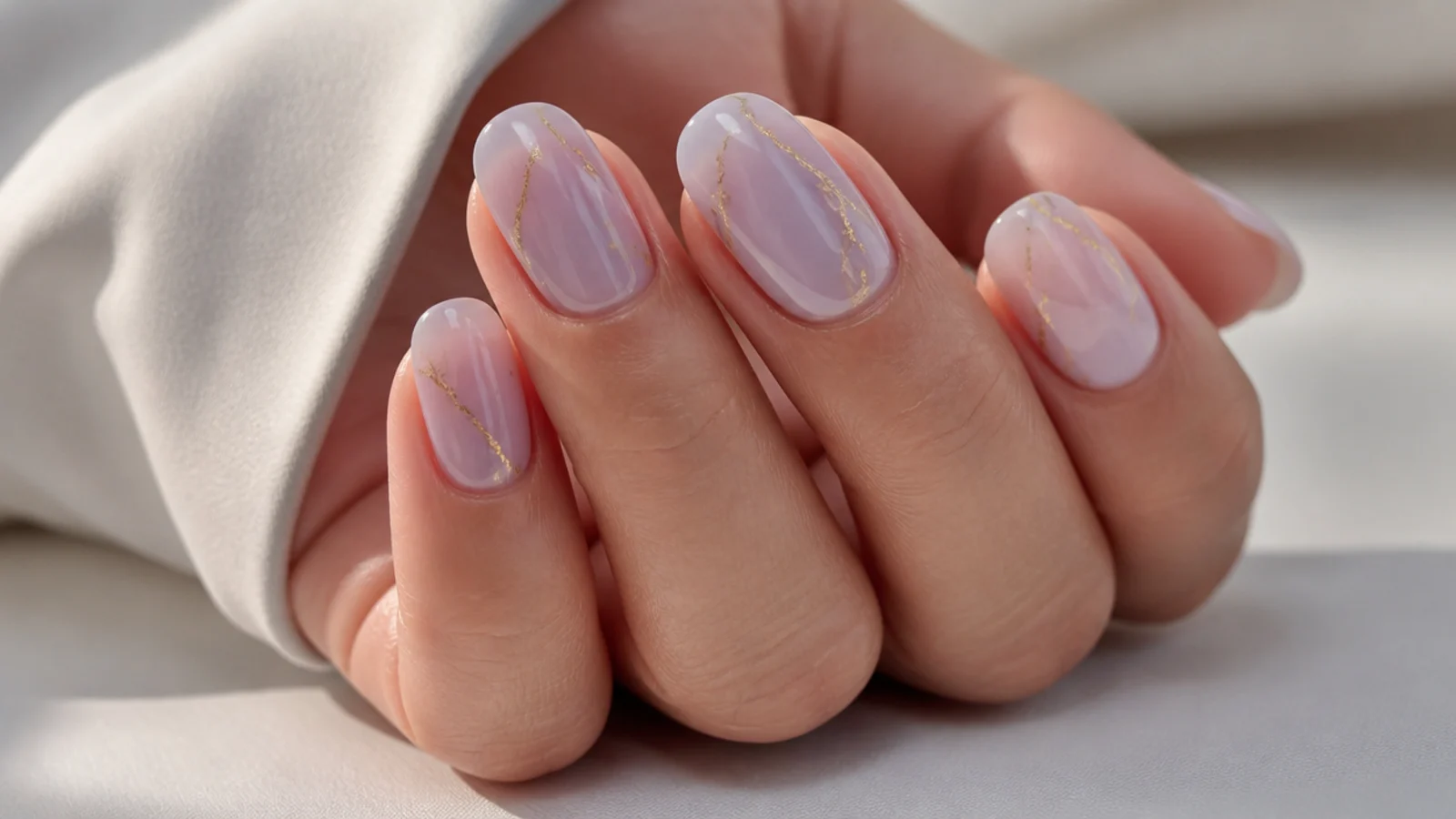 Soft milky lavender nails with thin gold foil accent lines