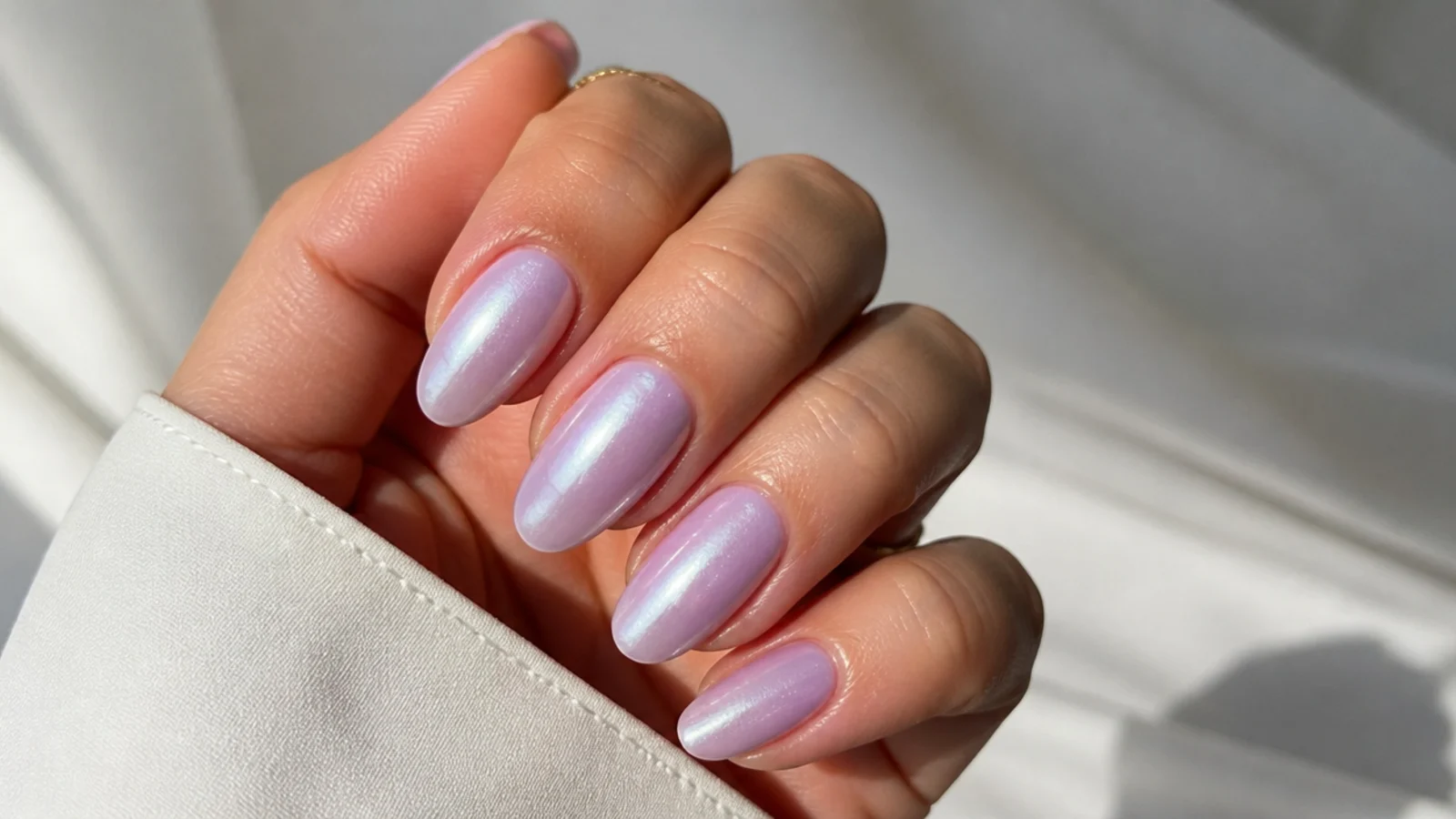 Milky lavender nails with a soft pearlescent mother-of-pearl shimmer