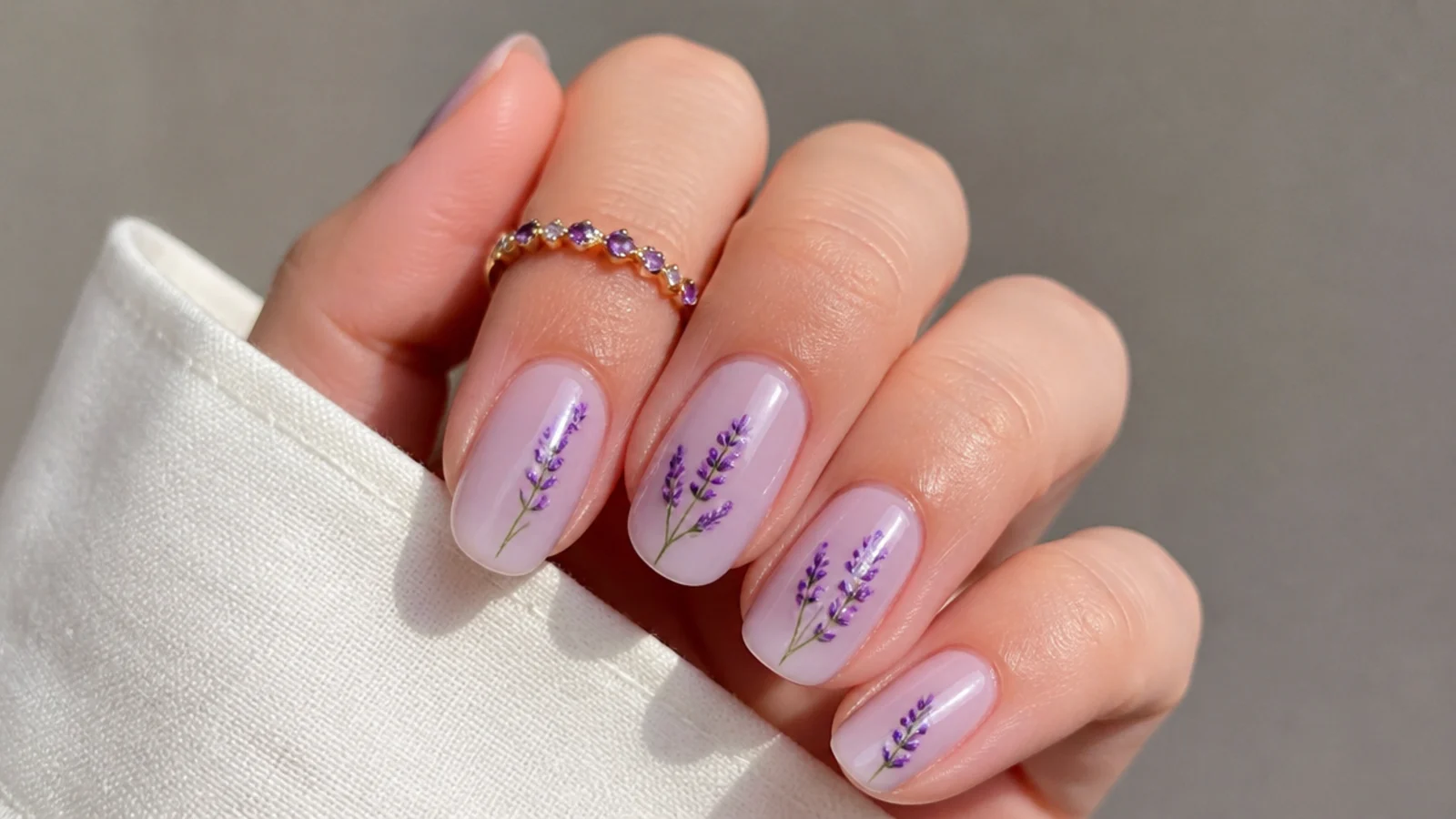 Milky lavender nails with small hand-painted lavender sprig flowers