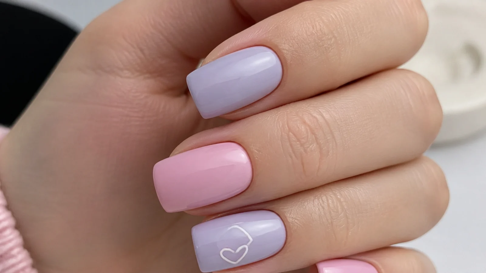 Alternating soft pink and milky lavender nails in a color block set