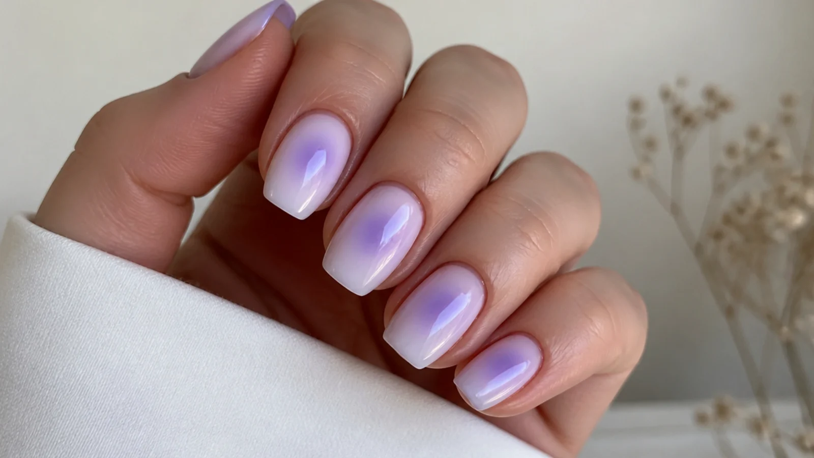 Milky lavender aura nails with a soft glowing center halo