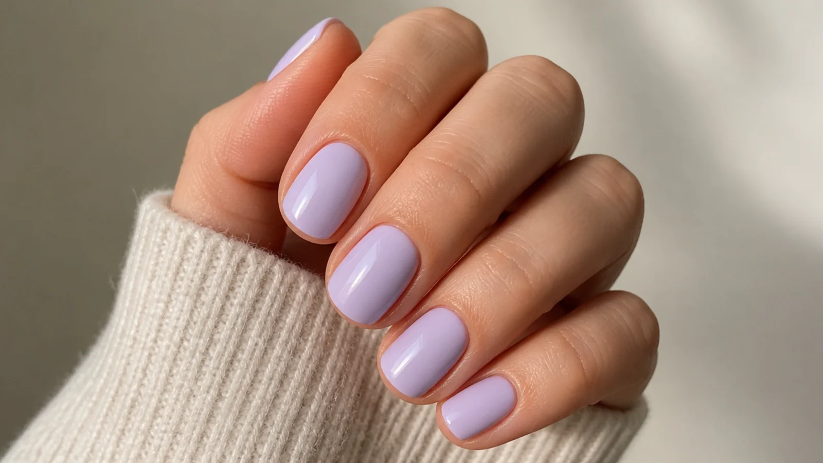 Short milky lavender nails with a clean glossy finish