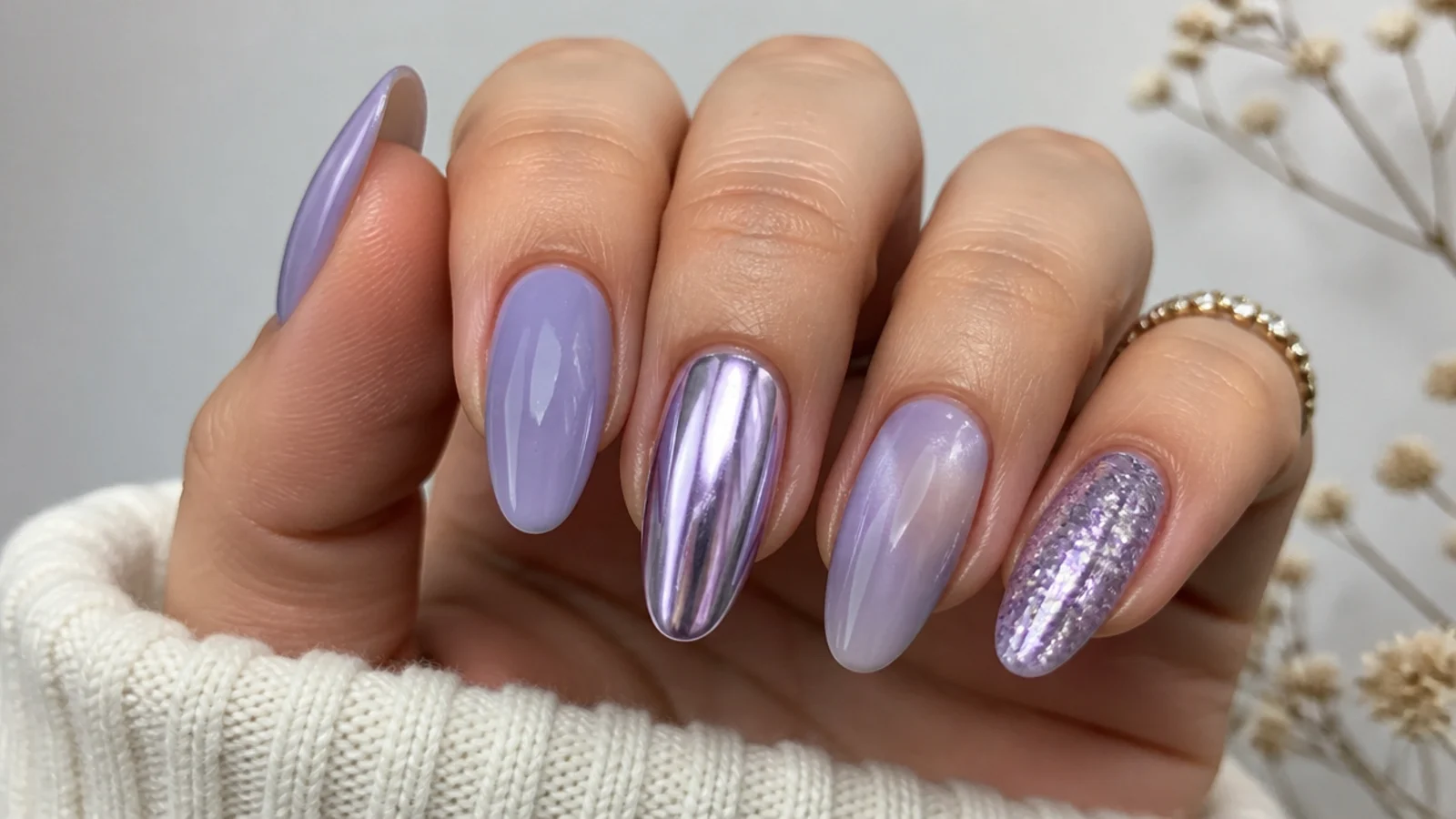 Milky lavender nails shown in jelly, chrome, cat-eye, ombre and glitter finishes
