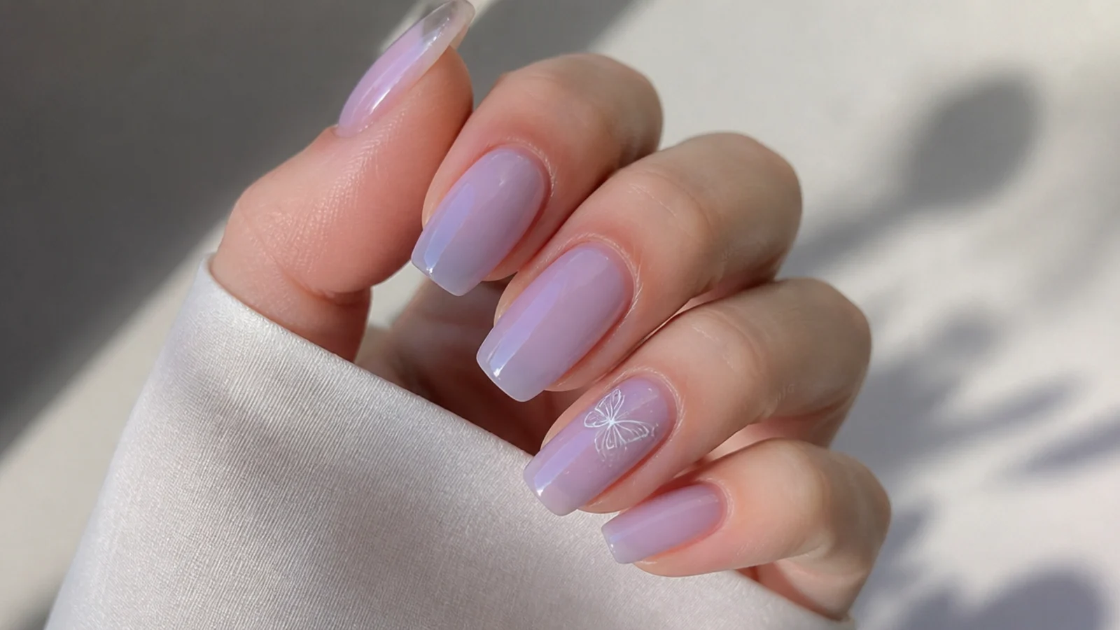Soft milky lavender nails in a sheer jelly lilac on a light background