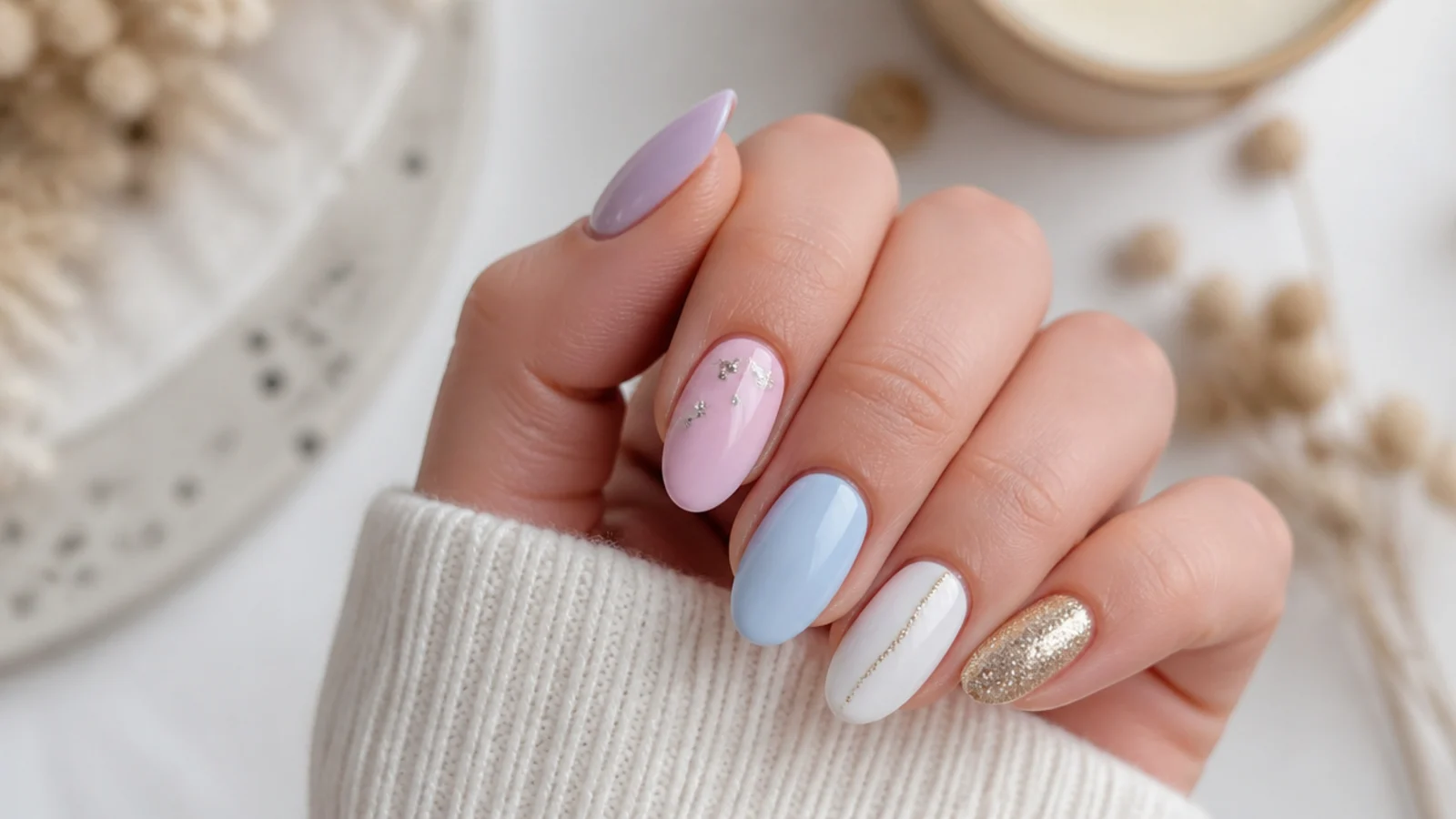 Milky lavender nails shown beside soft pink, baby blue, white, silver and gold