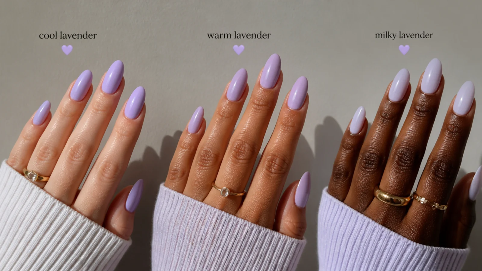 Cool, warm and milky lavender swatches compared against different skin tones